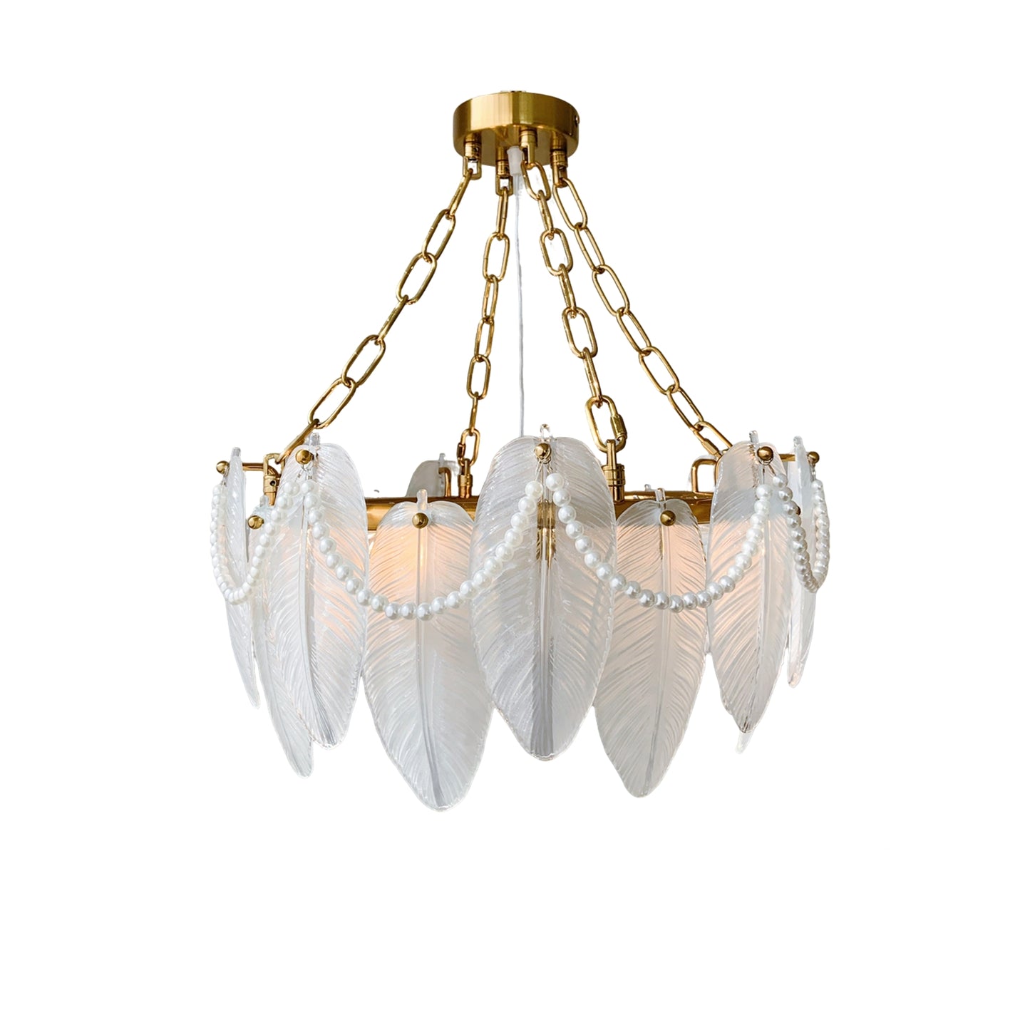 Glass Leaf Chandelier 5-Light with Pearl - Coastal Brass Pendant