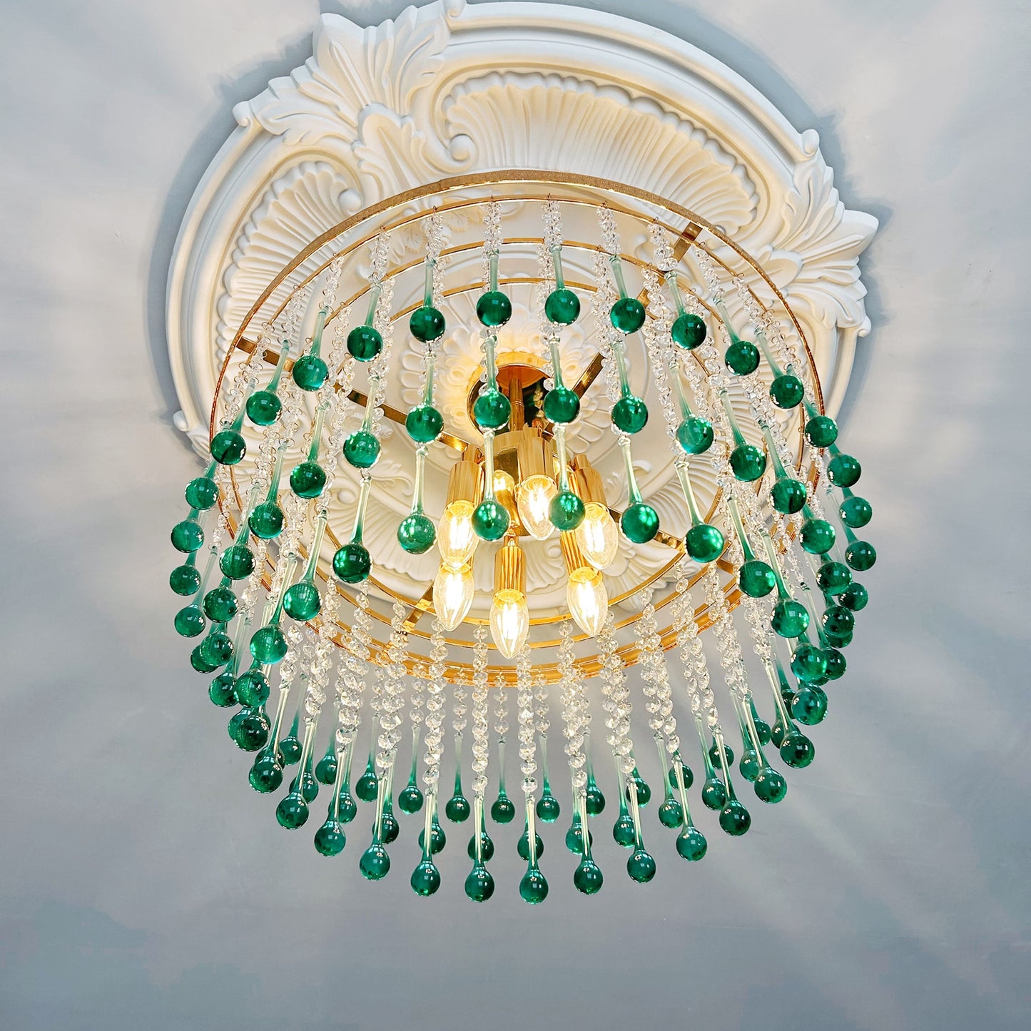 Turquoise glass chandelier 6-light large - coastal glam waterfall chandelier 21.6 inch handcrafted