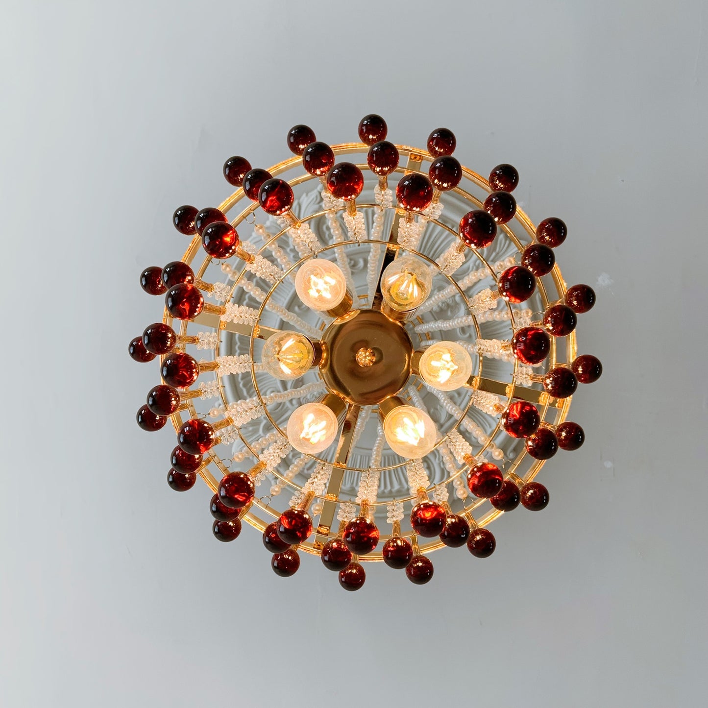 Amber Crystal Chandelier 6-Light 13.8" - Vintage Art Deco Dining Room Lighting French Gold