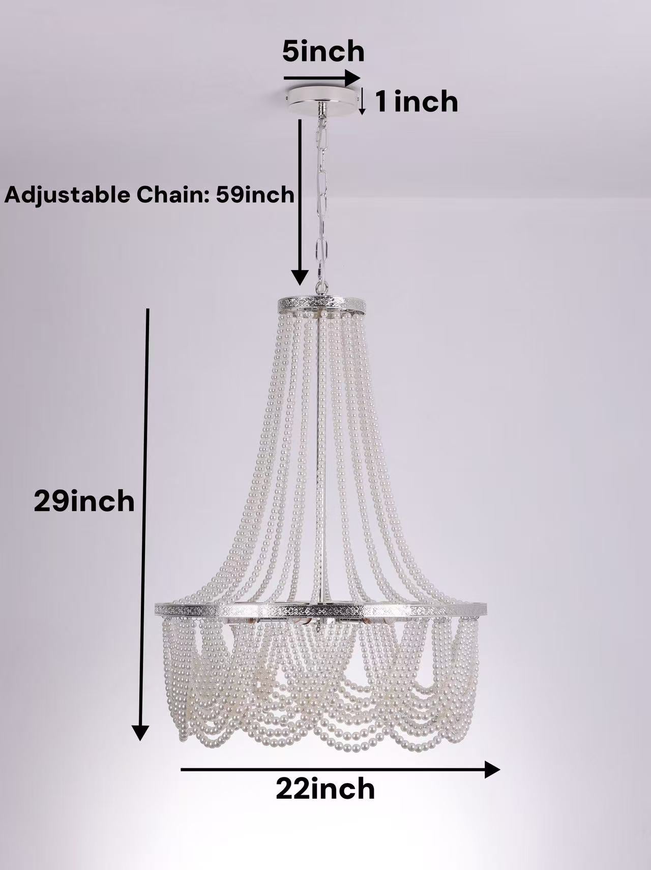 Silver pearl chandelier close up showing handcrafted details and two tier design