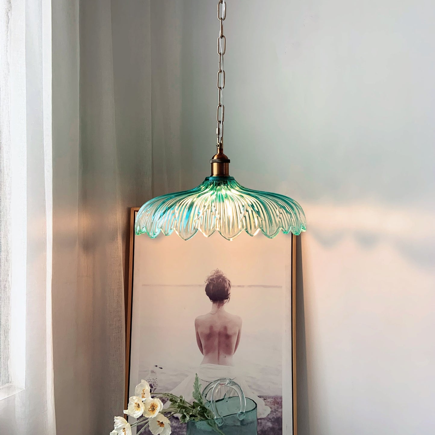 Turquoise Glass Pendant Light - Free Shipping | Luxury Brass Coastal Chandelier with Emerald Ombre Shade