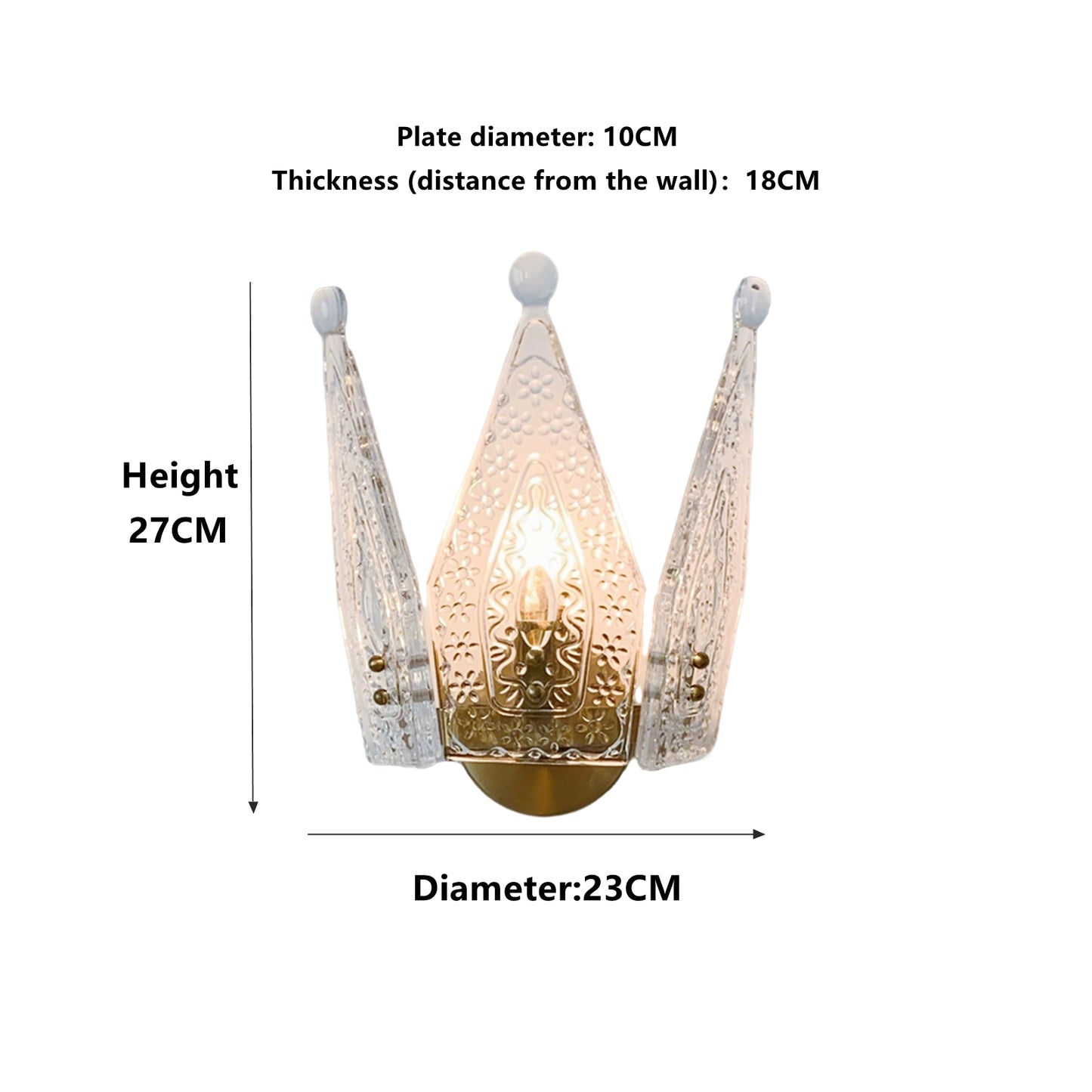 Crown wall sconce dimensions and specifications - 9 inch brass glass lighting fixture