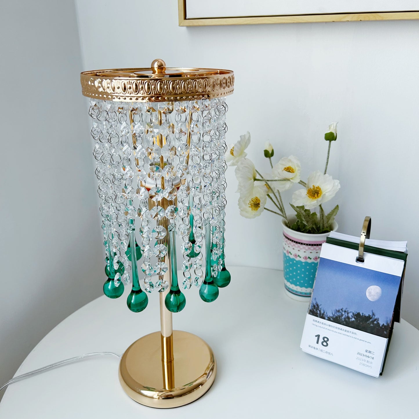Turquoise Glass Table Lamp - Coastal Glam Bedside Light 15" - Handcrafted Bohemian Accent Lamp