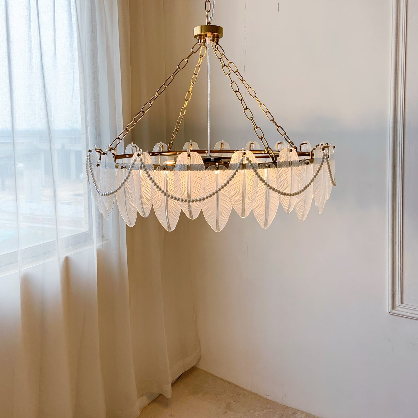 Glass Leaf Chandelier 12-Light - Luxury Frosted Glass Pendant with Pearl Accents & Brass Finish