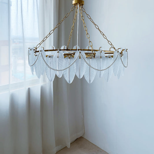 Glass Leaf Chandelier 12-Light - Luxury Frosted Glass Pendant with Pearl Accents & Brass Finish