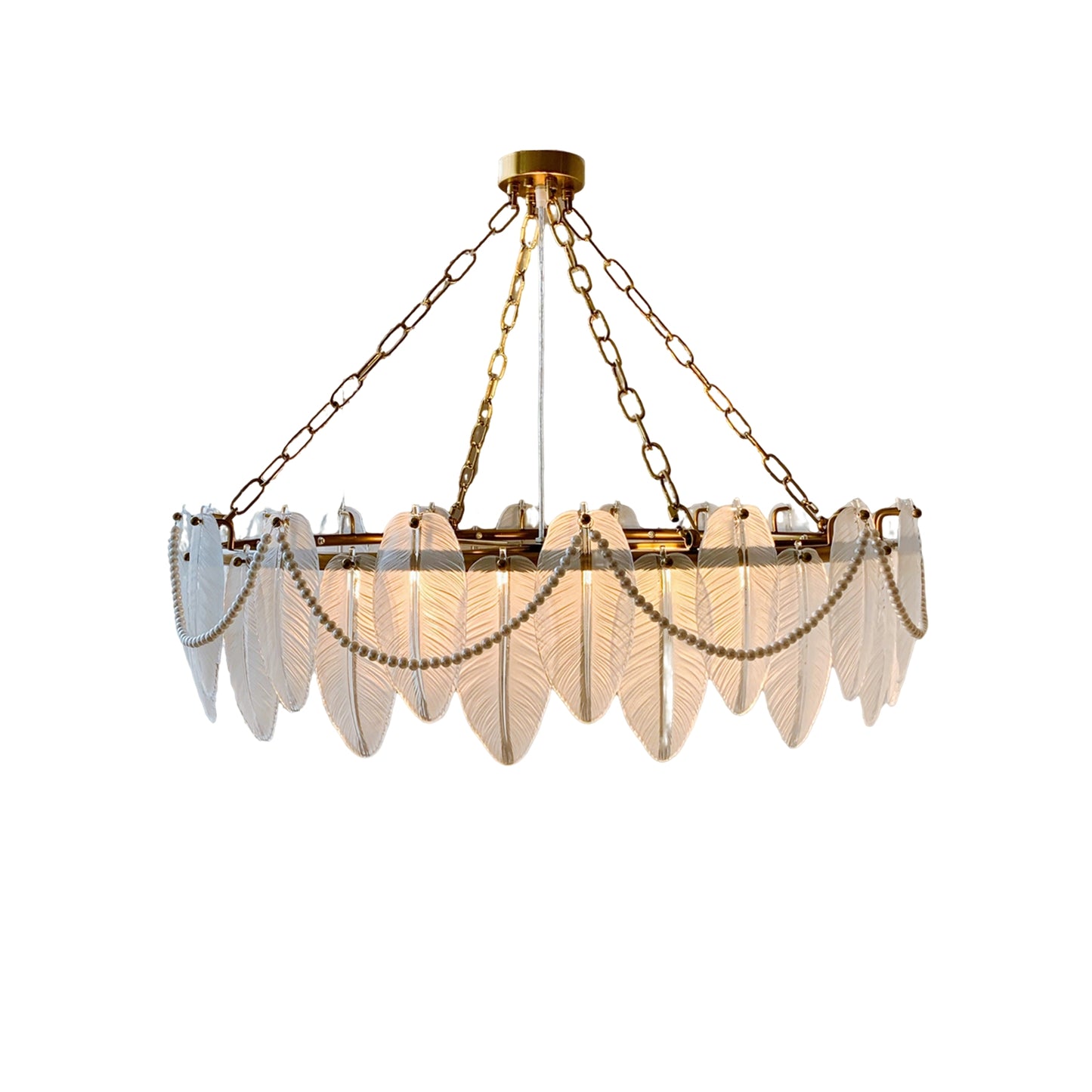 Glass Leaf Chandelier 12-Light - Luxury Frosted Glass Pendant with Pearl Accents & Brass Finish
