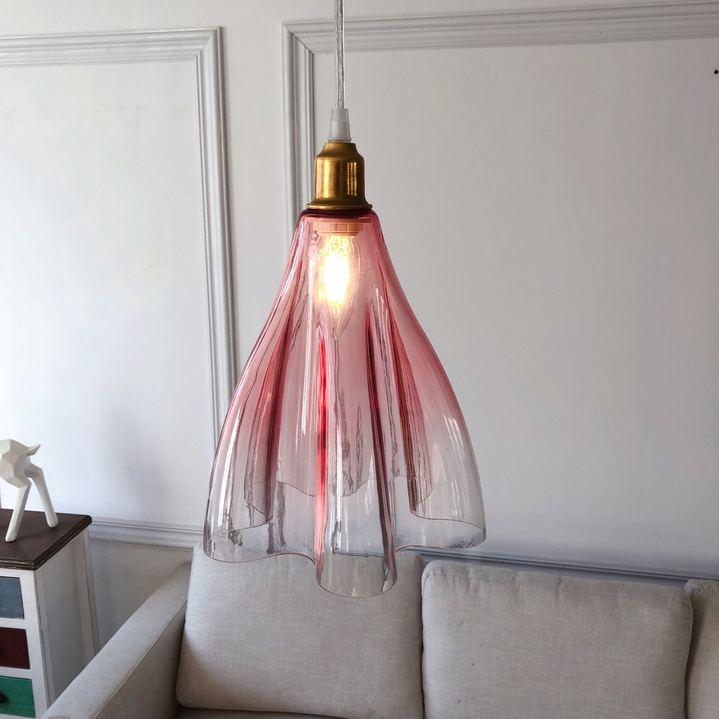 Handmade pink ruffled glass pendant light brass hanging light for kitchen bedroom 7.5 inch