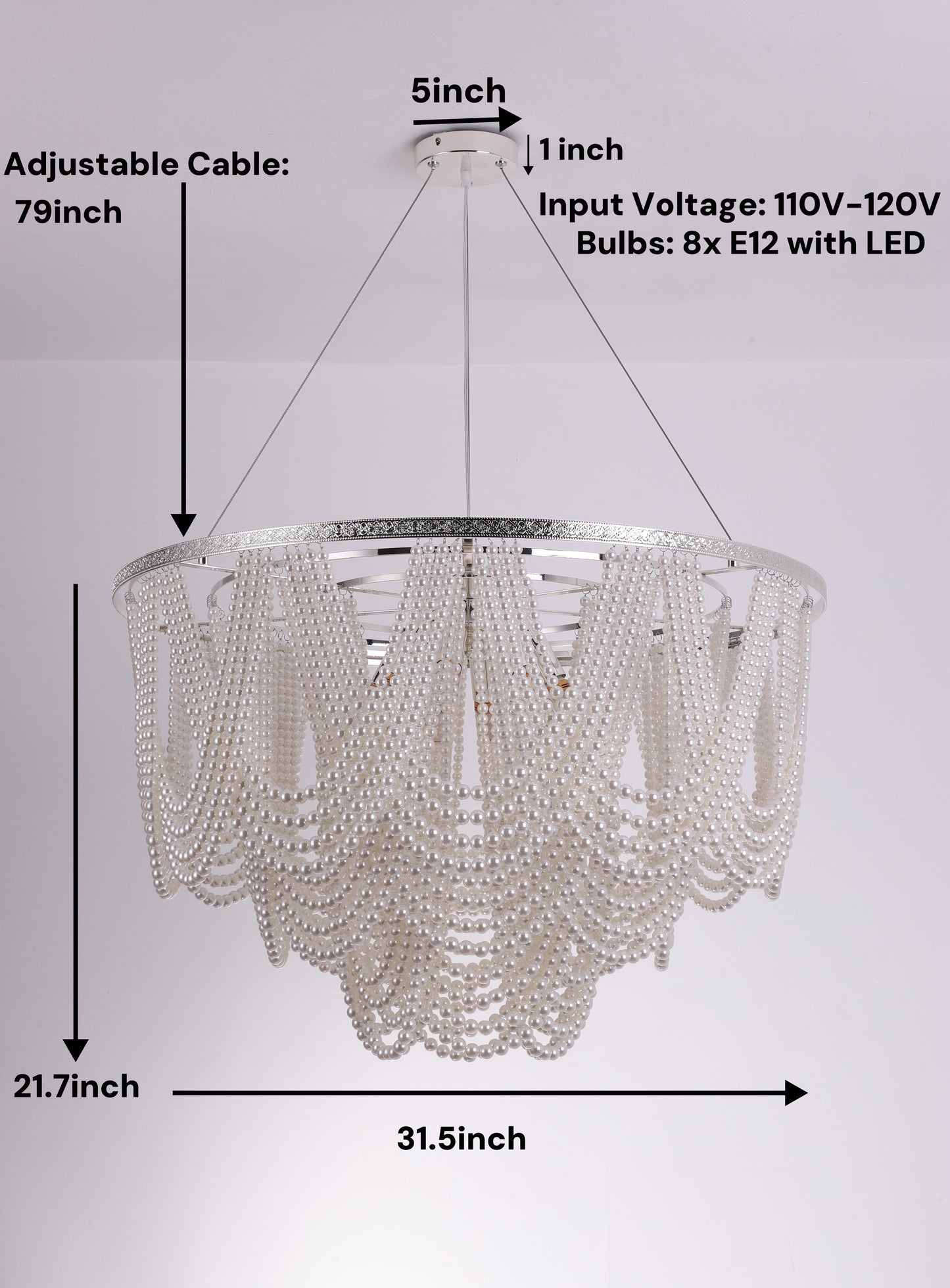 31.5 inch large chandelier close up showing natural pearl details and premium silver finish