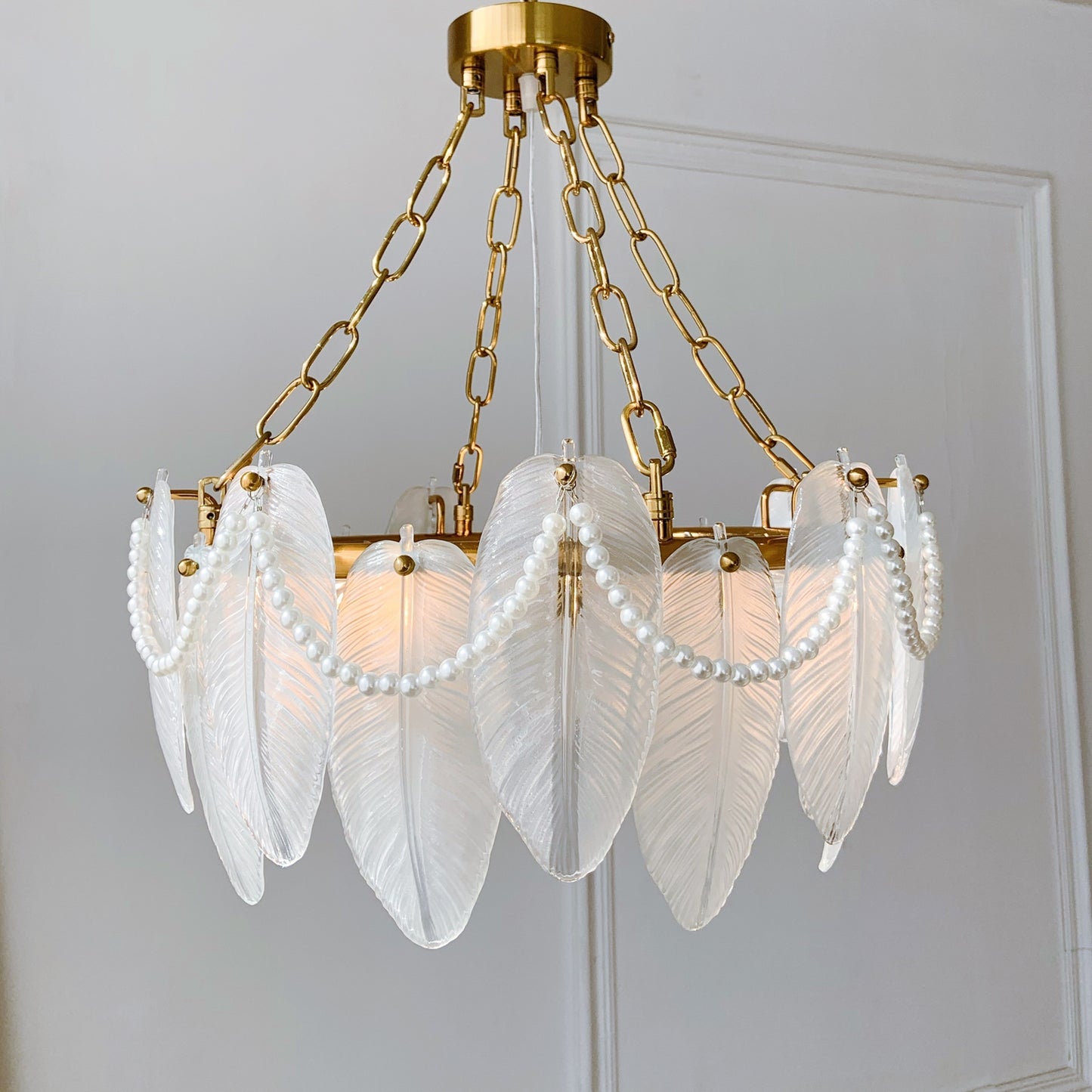 Glass Leaf Chandelier 5-Light with Pearl - Coastal Brass Pendant
