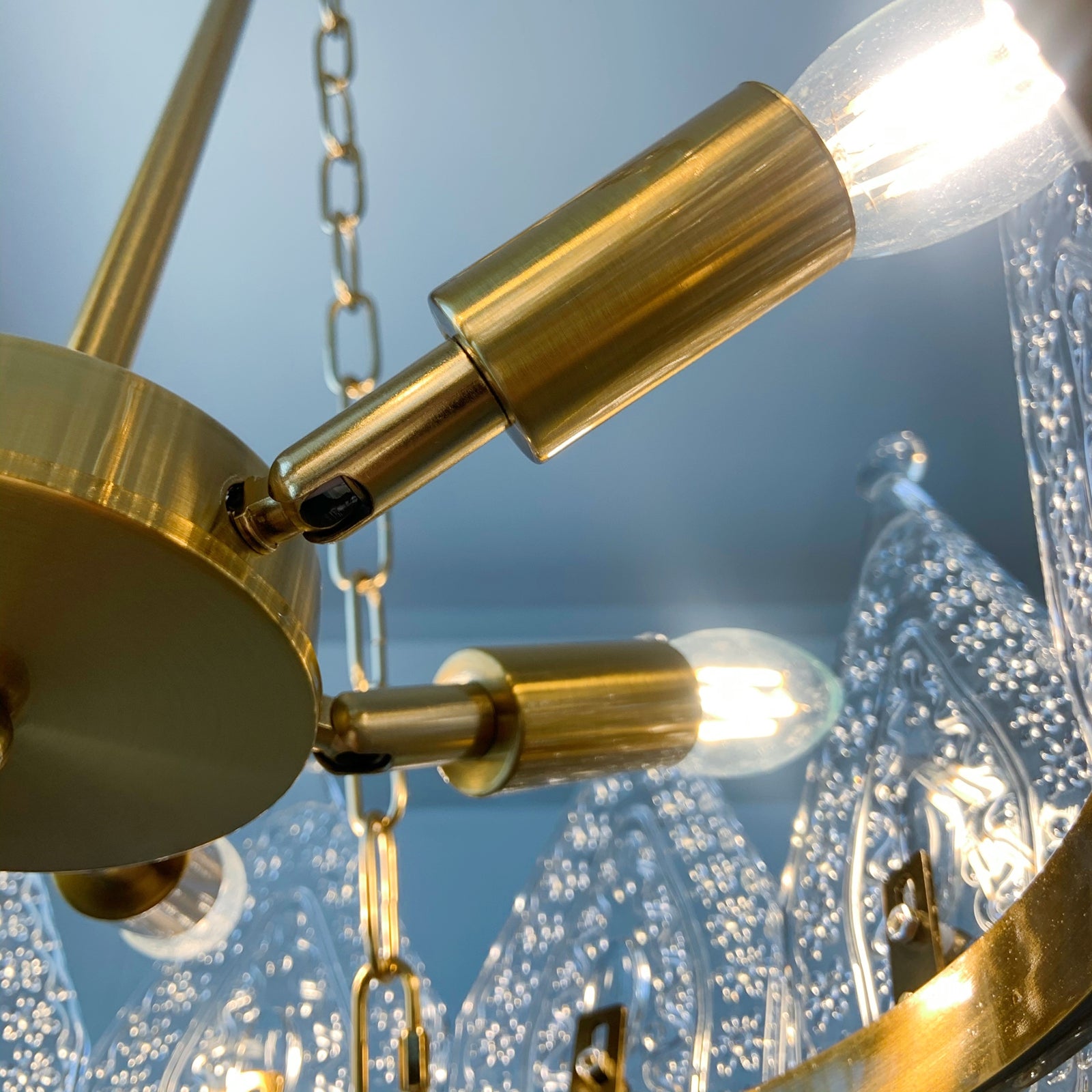 6-Arm Compact Pendant Light Brass and Glass - Exclusive Crown Chandelier Private Mold Design Close-up Detail