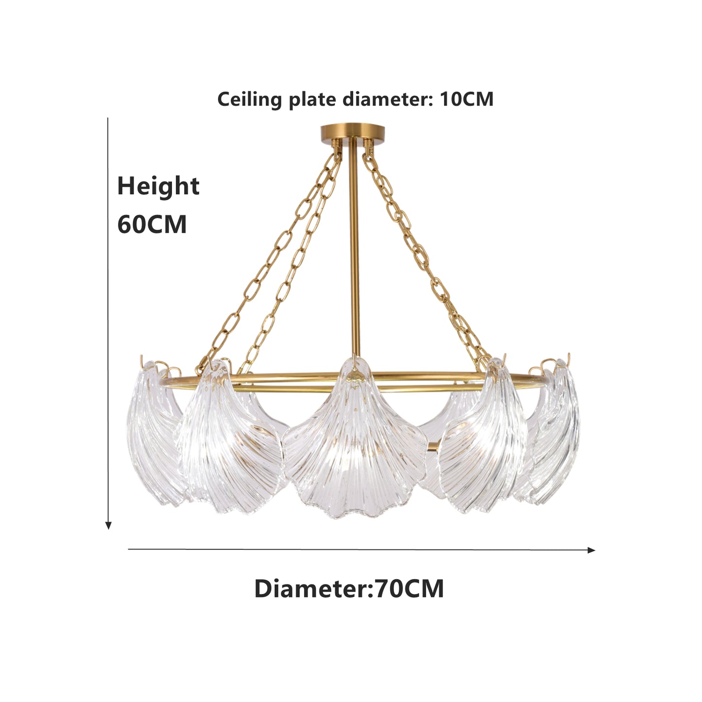 Chandelier with clear glass and gold chain, dimensions displayed.