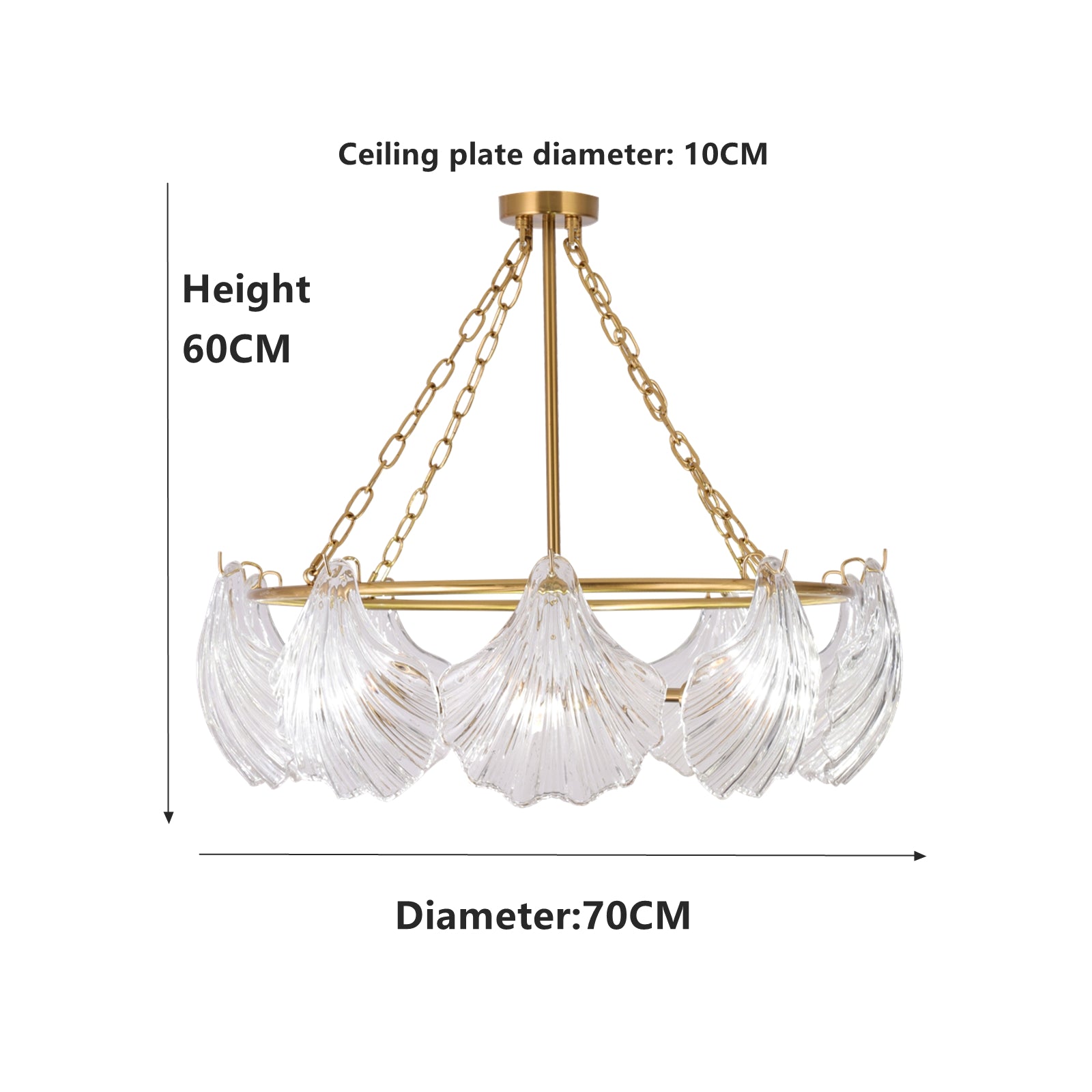 Chandelier with clear glass shades and gold chain, dimensions displayed.