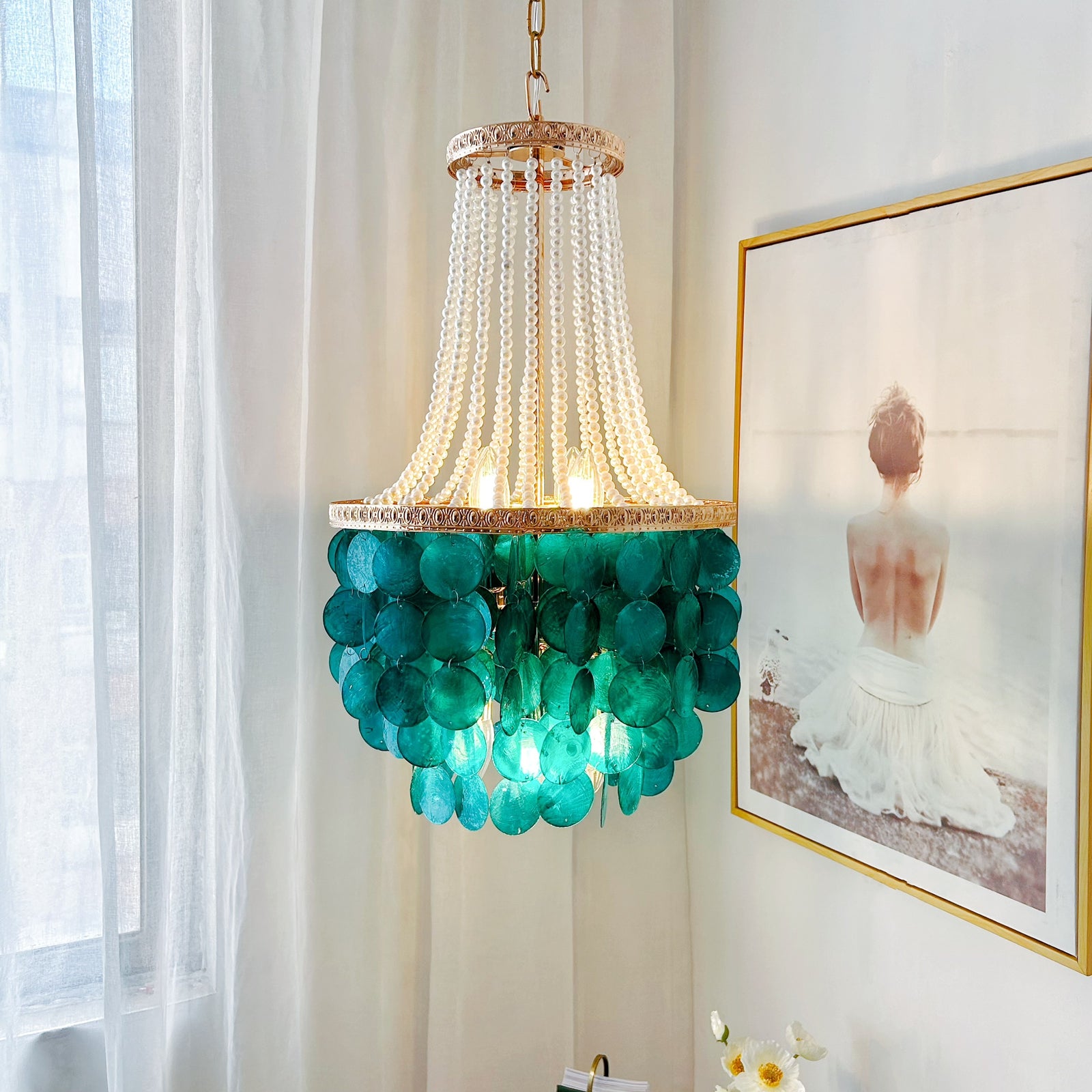 2 tier 8 light pearl capiz shell chandelier ocean blue coastal luxury dining room light