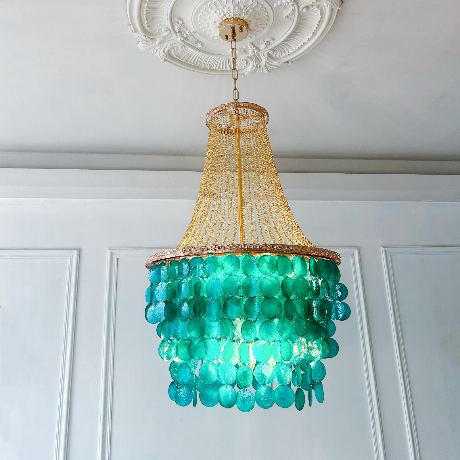 Large 8 light capiz shell chandelier 21.65 inch coastal blue mother of pearl dining room light