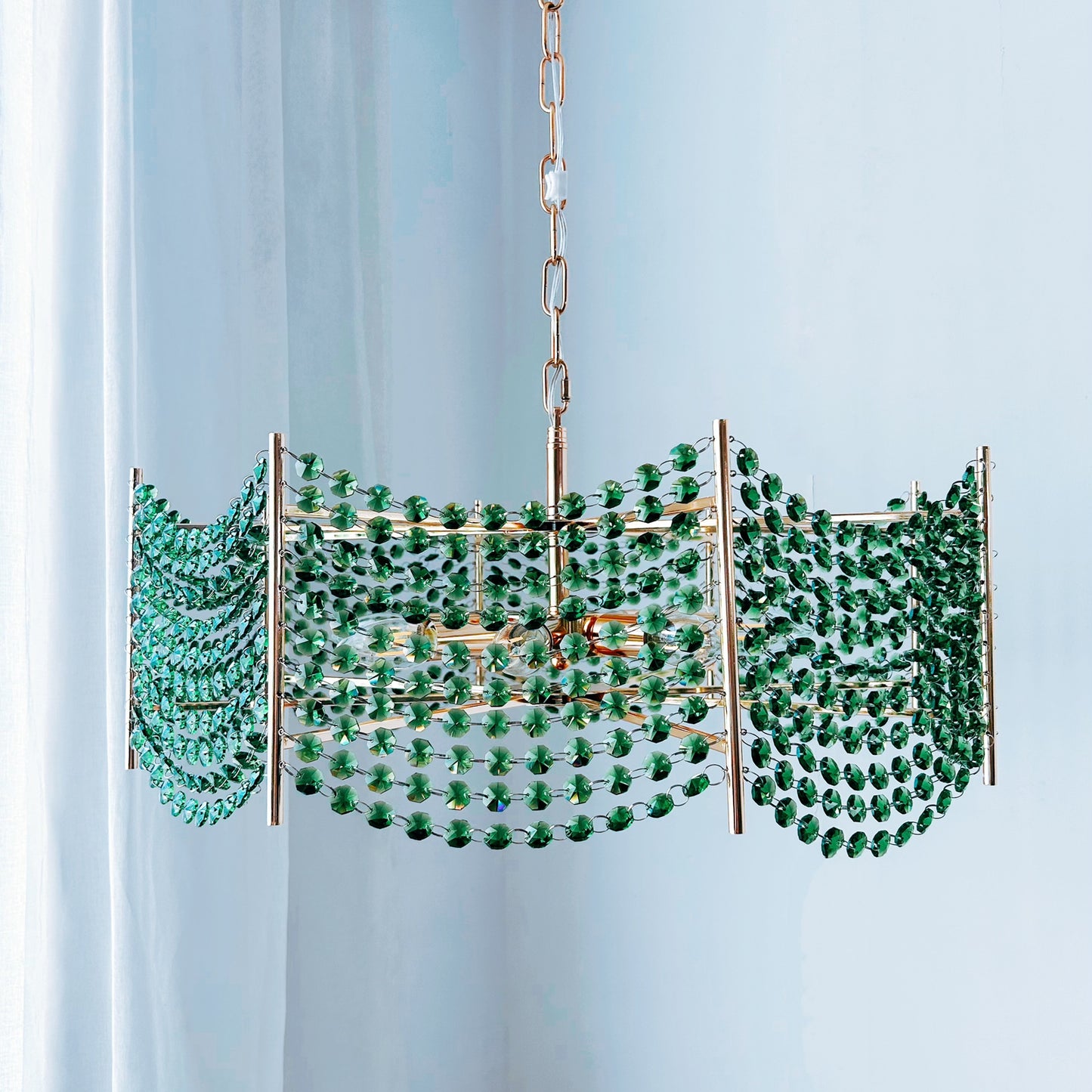 Green Crystal Chandelier 8-Light Gold 24" - Modern Coastal Pendant for Dining Room & Living Room