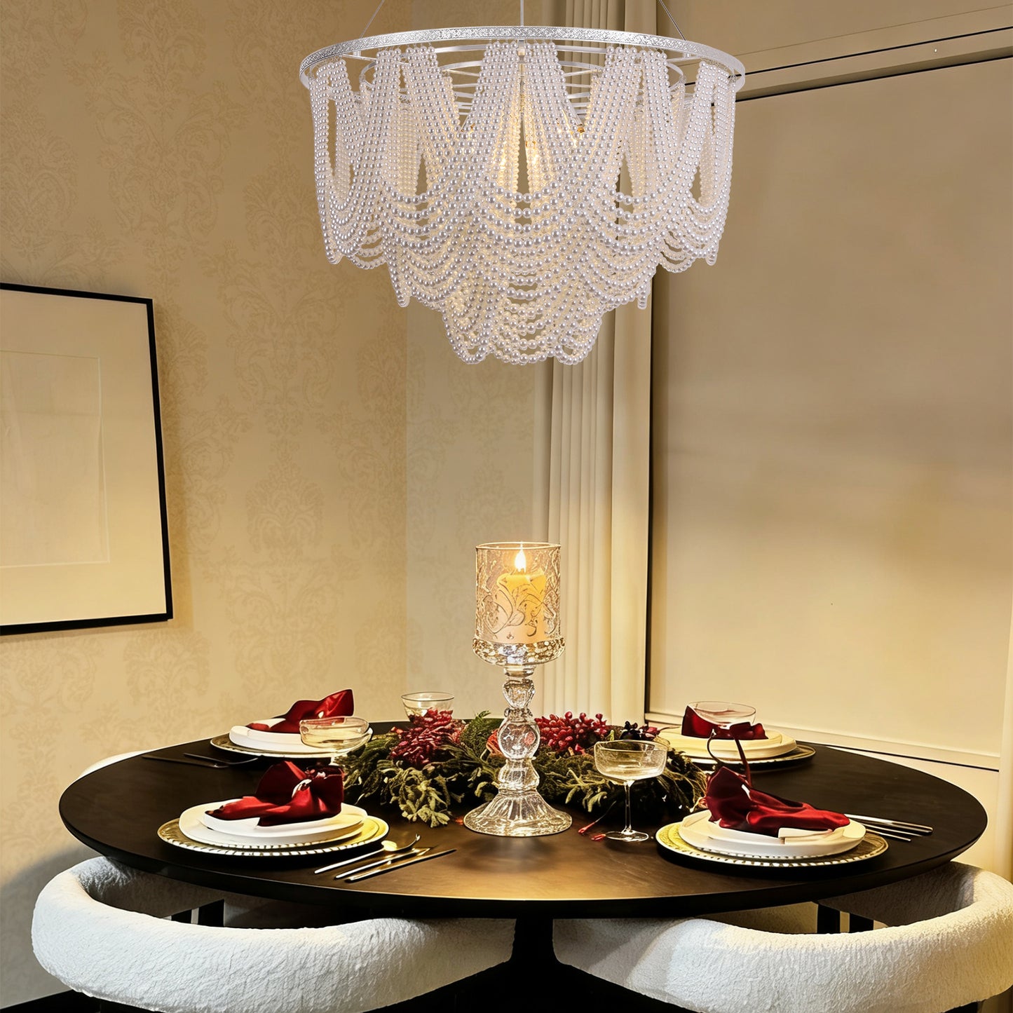 Handcrafted 8 light pearl chandelier with silver finish creating elegant ambiance in dining room