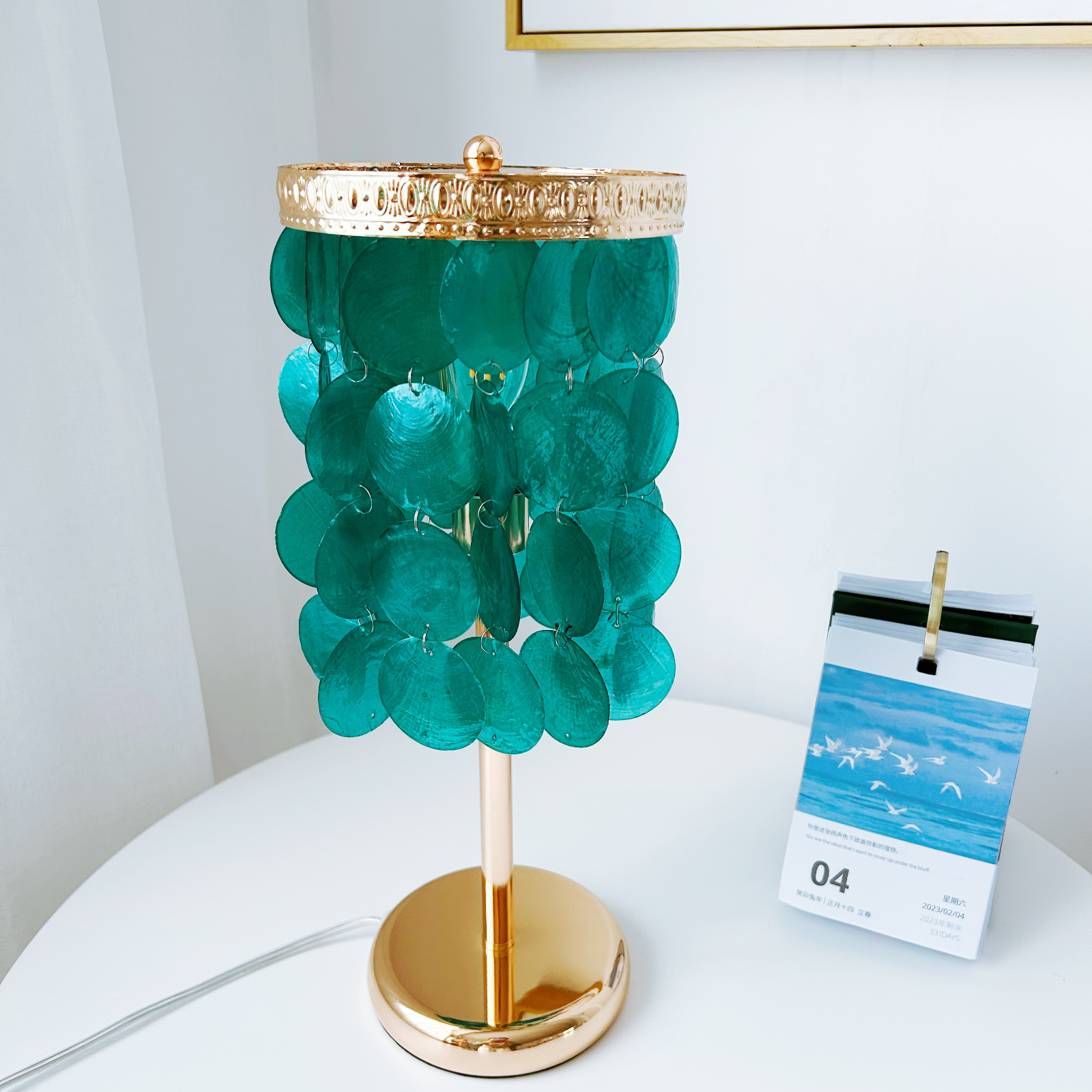 Blue capiz shell table lamp coastal mother of pearl bedside lamp for beach house bedroom