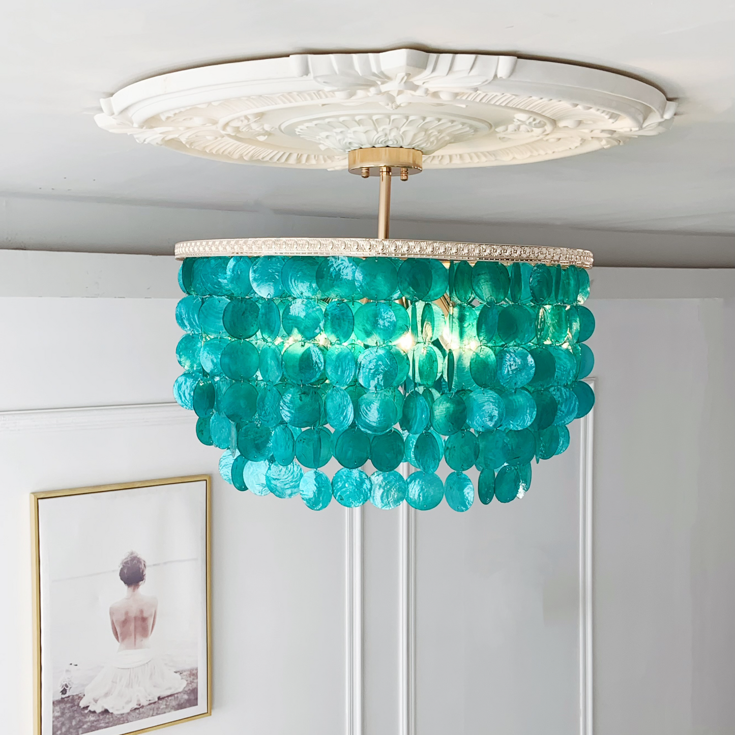 6-Light Blue Shell Chandelier