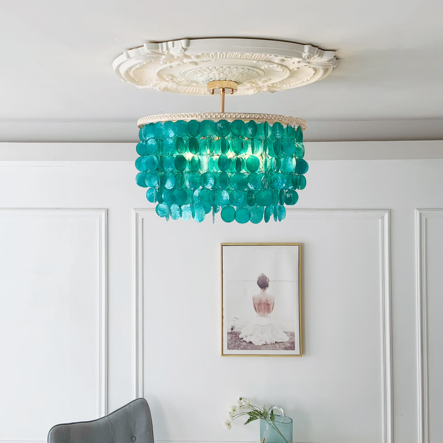 6-Light Blue Shell Chandelier