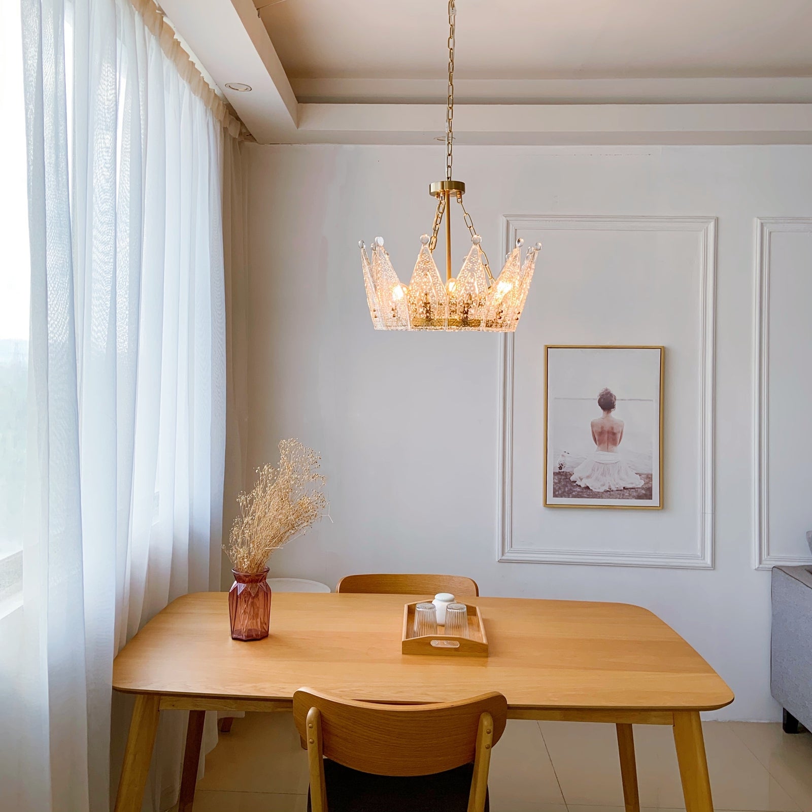 Compact Crown Brass Chandelier Close-up - 6-Light Gold Glass Shades Low Ceiling