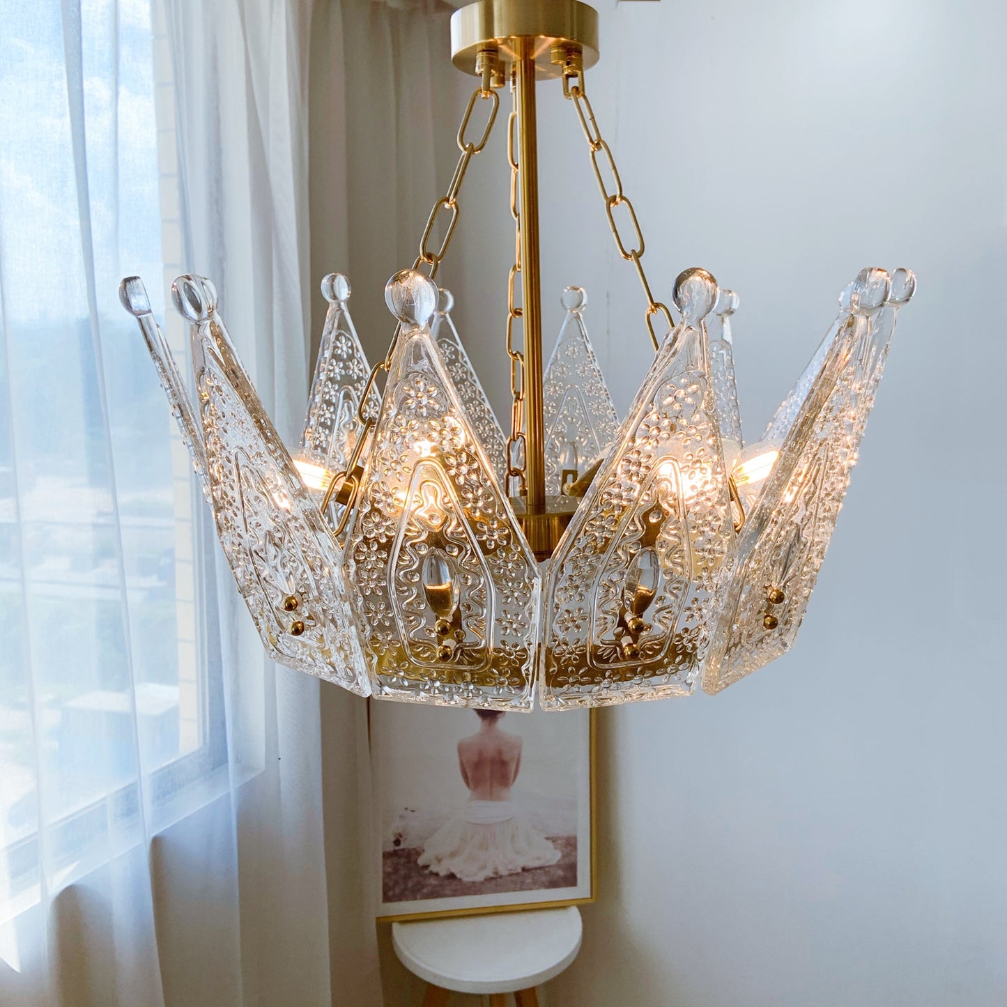 Crown Brass Chandelier 6-Light Short in Compact Room - Low Ceiling Solution Gold Pendant Full Room View
