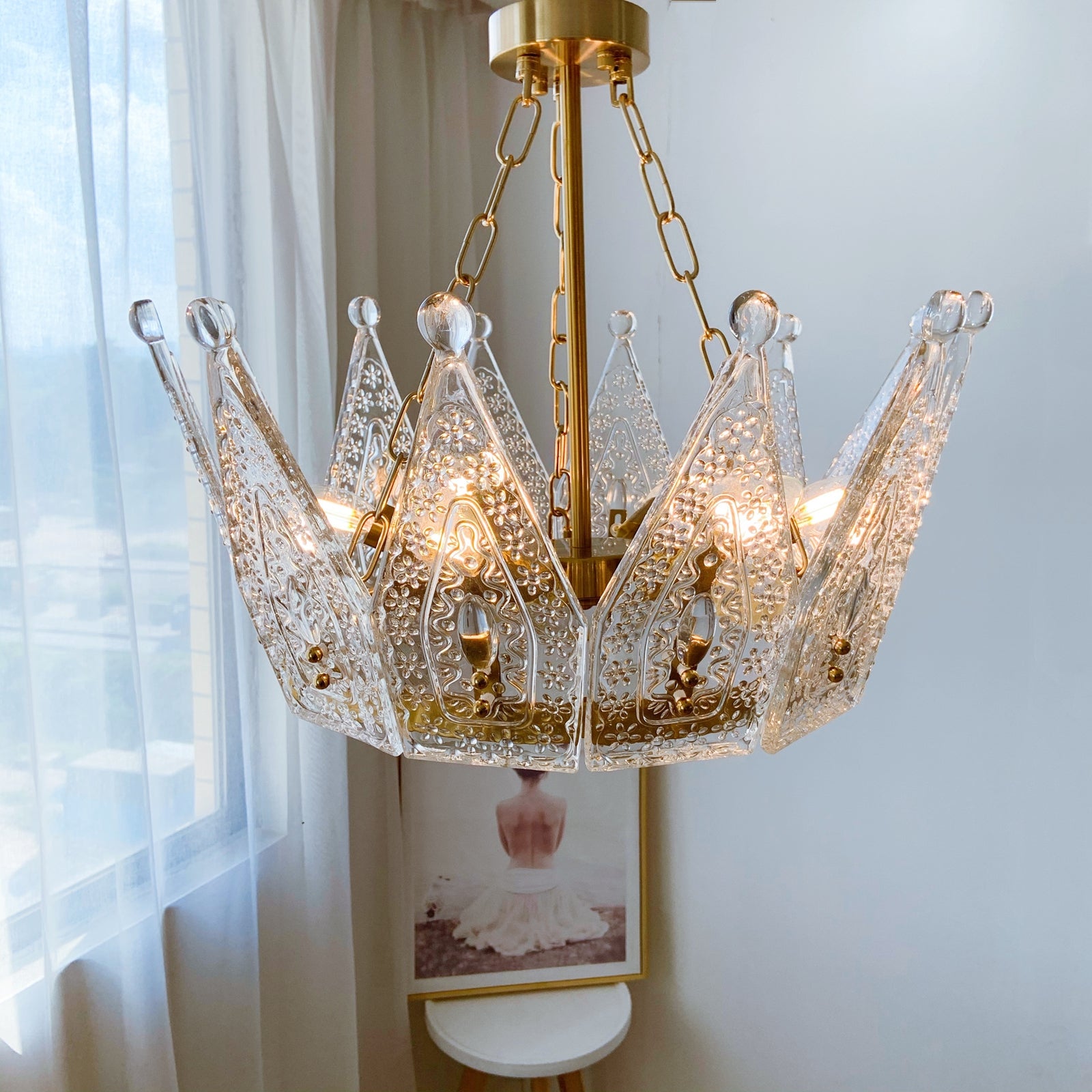 Crown Brass Chandelier 6-Light Short in Compact Room - Low Ceiling Solution Gold Pendant Full Room View