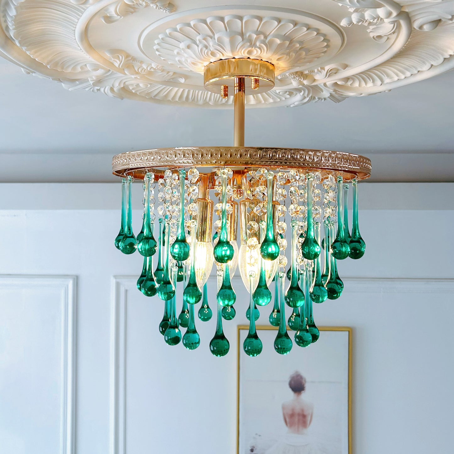 Turquoise crystal chandelier ceiling light - 4-light coastal glam bedroom lighting 13.8 inch handcrafted