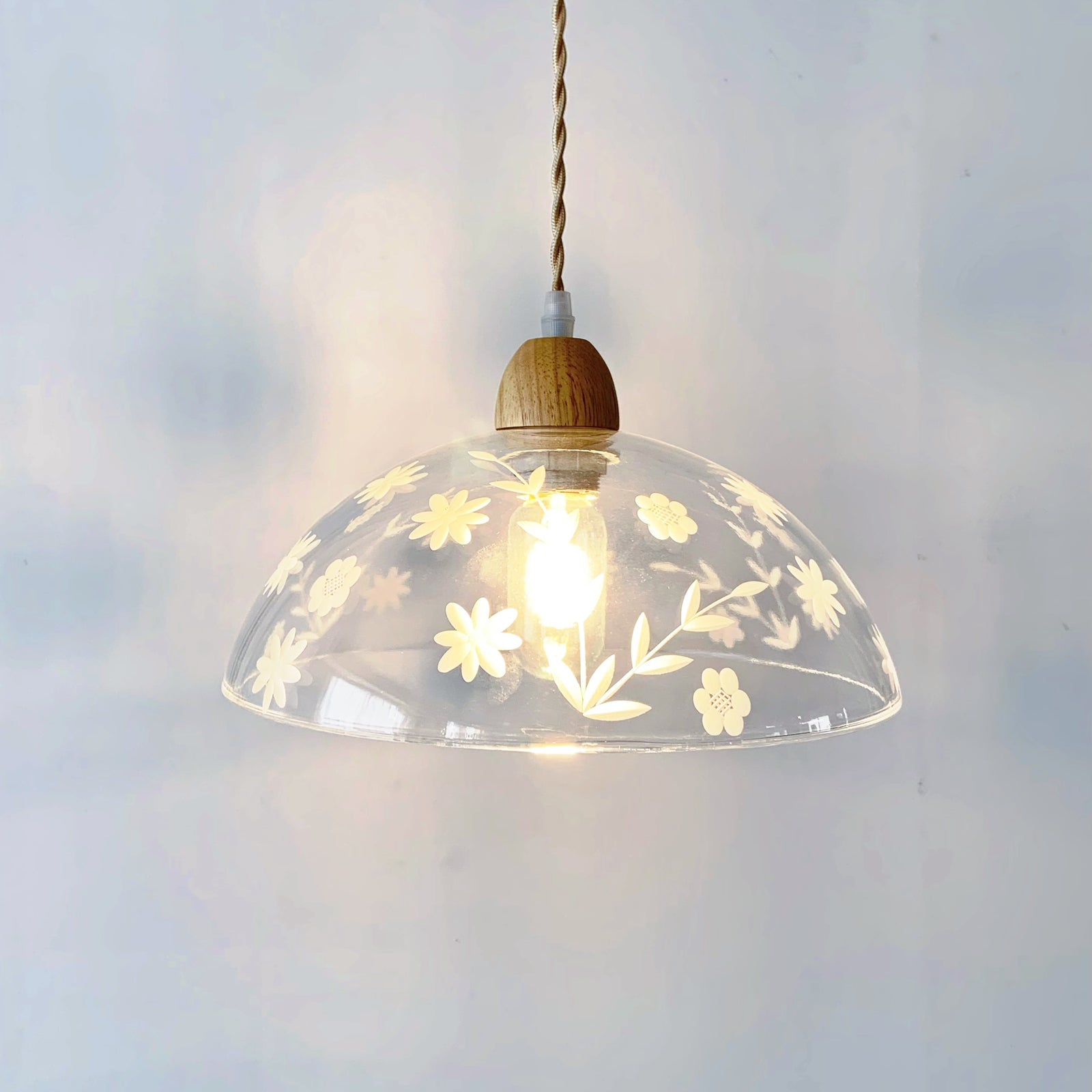 Transparent glass hanging light close up showing brass finish and clean design