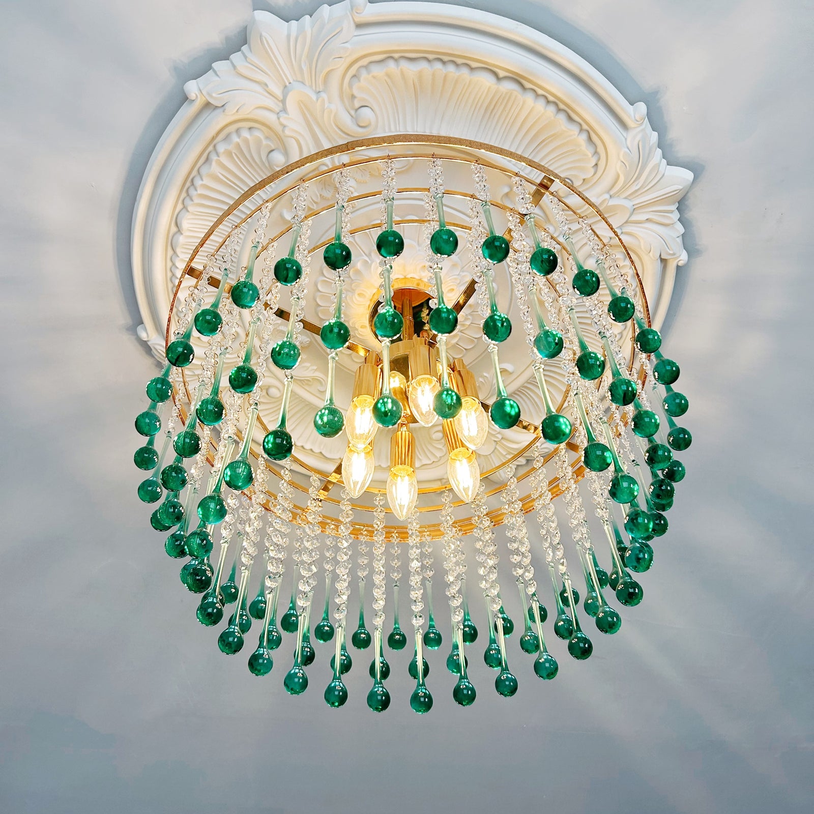 Turquoise glass chandelier 6-light large - coastal glam waterfall chandelier 21.6 inch handcrafted
