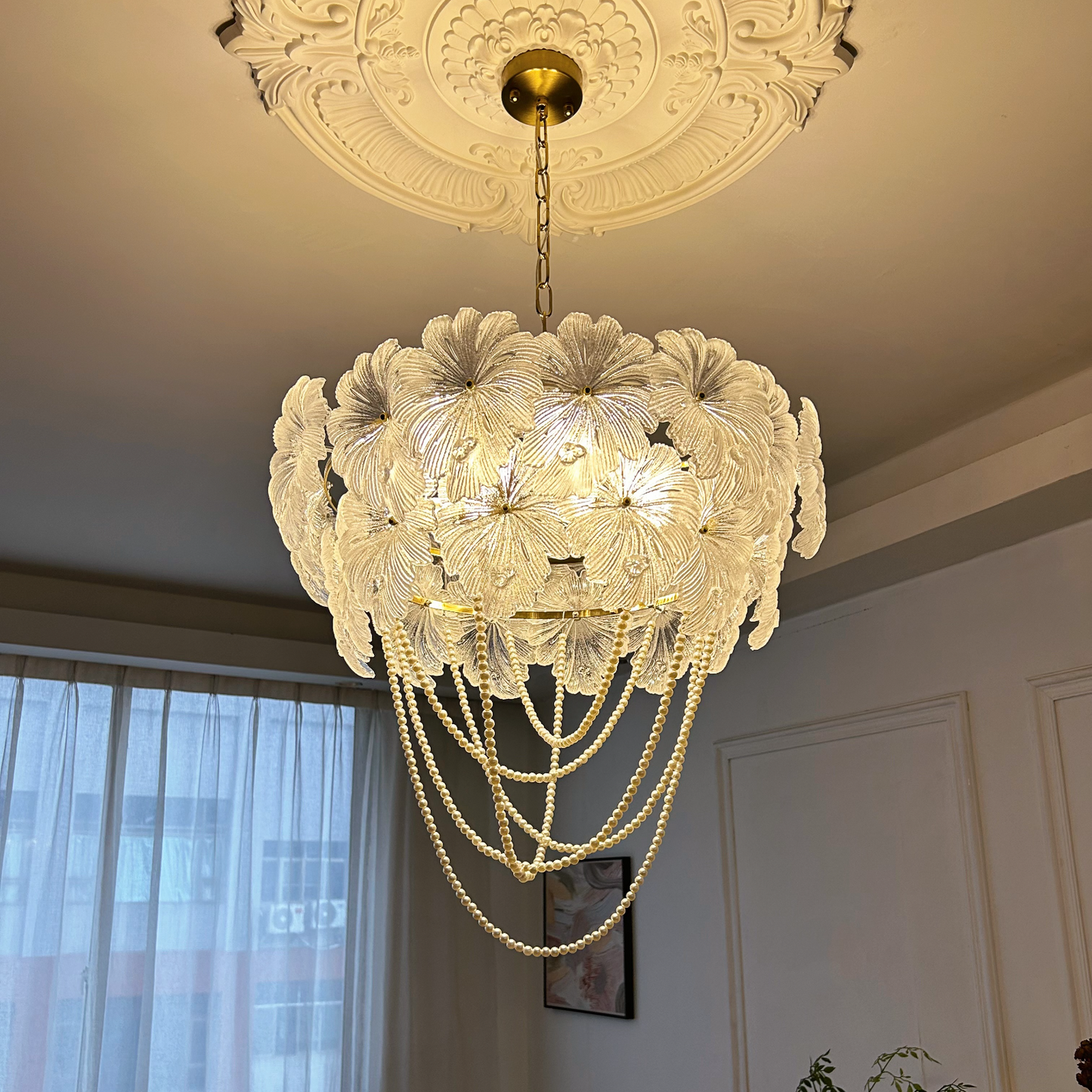 6-Light Glass Chandelier with Pearl