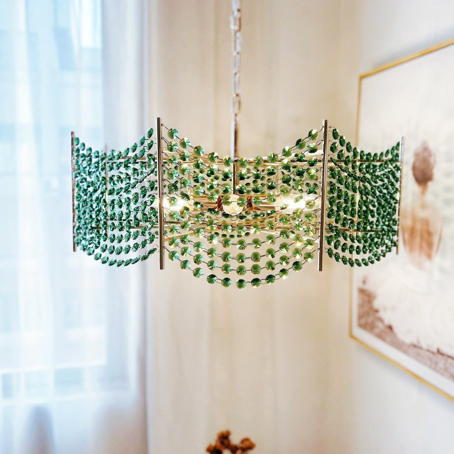 Green Crystal Chandelier 8-Light Gold 24" - Modern Coastal Pendant for Dining Room & Living Room