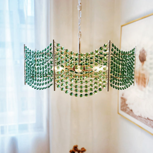 Green Crystal Chandelier 8-Light Gold 24" - Modern Coastal Pendant for Dining Room & Living Room