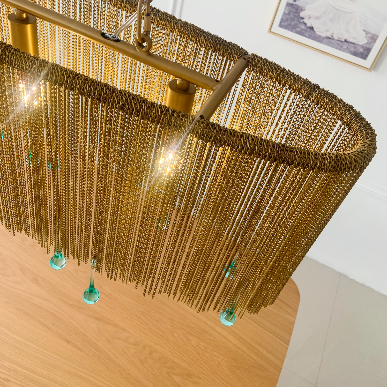 Contemporary linear pendant light with hand cut crystals perfect for kitchen island