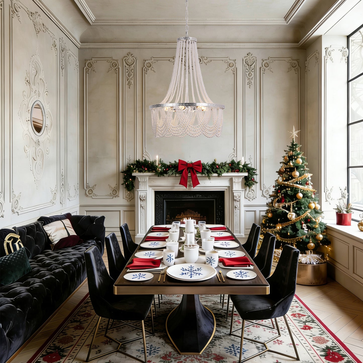 Luxury silver chandelier with pearl accents creating elegant ambiance in dining room