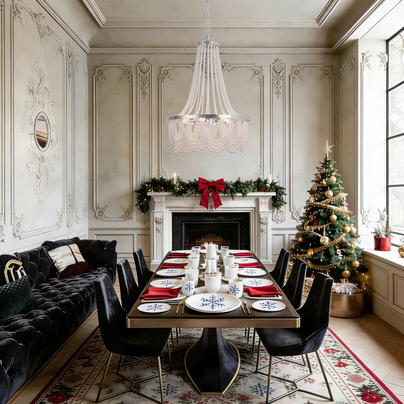 Luxury silver chandelier with pearl accents creating elegant ambiance in dining room