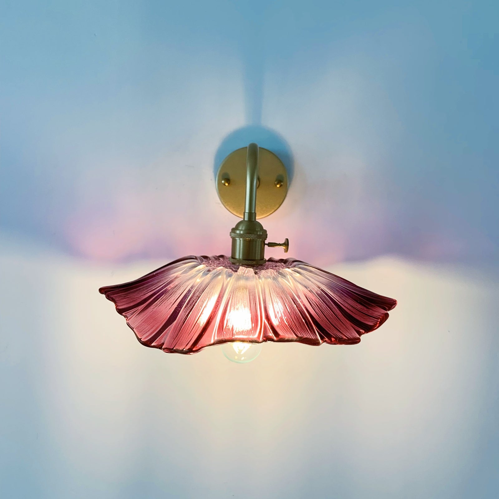 Contemporary brass sconce close up showing elegant glass shade and metal details