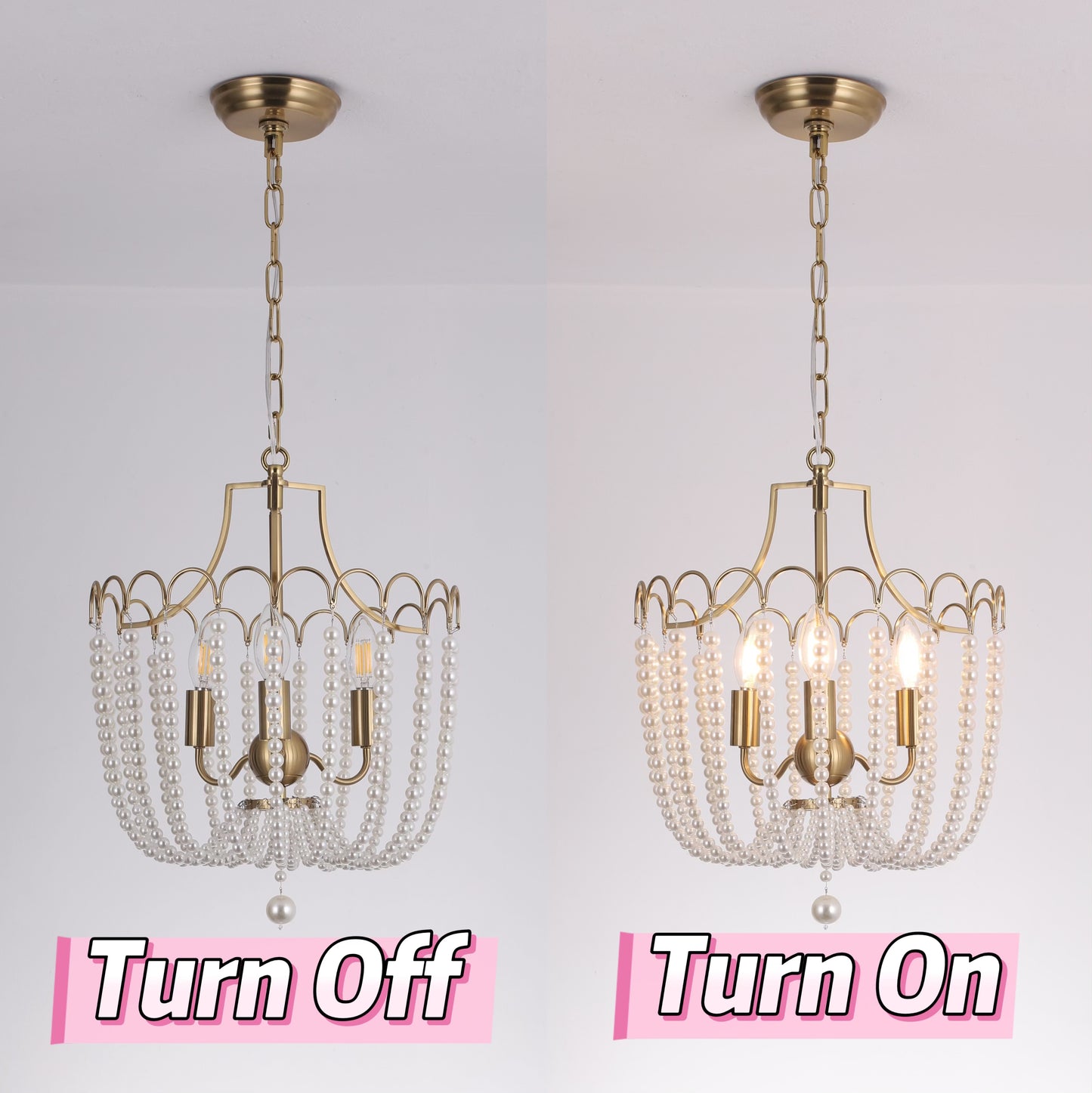 Natural pearl beaded accents on luxury gold chandelier fixture for elegant home lighting