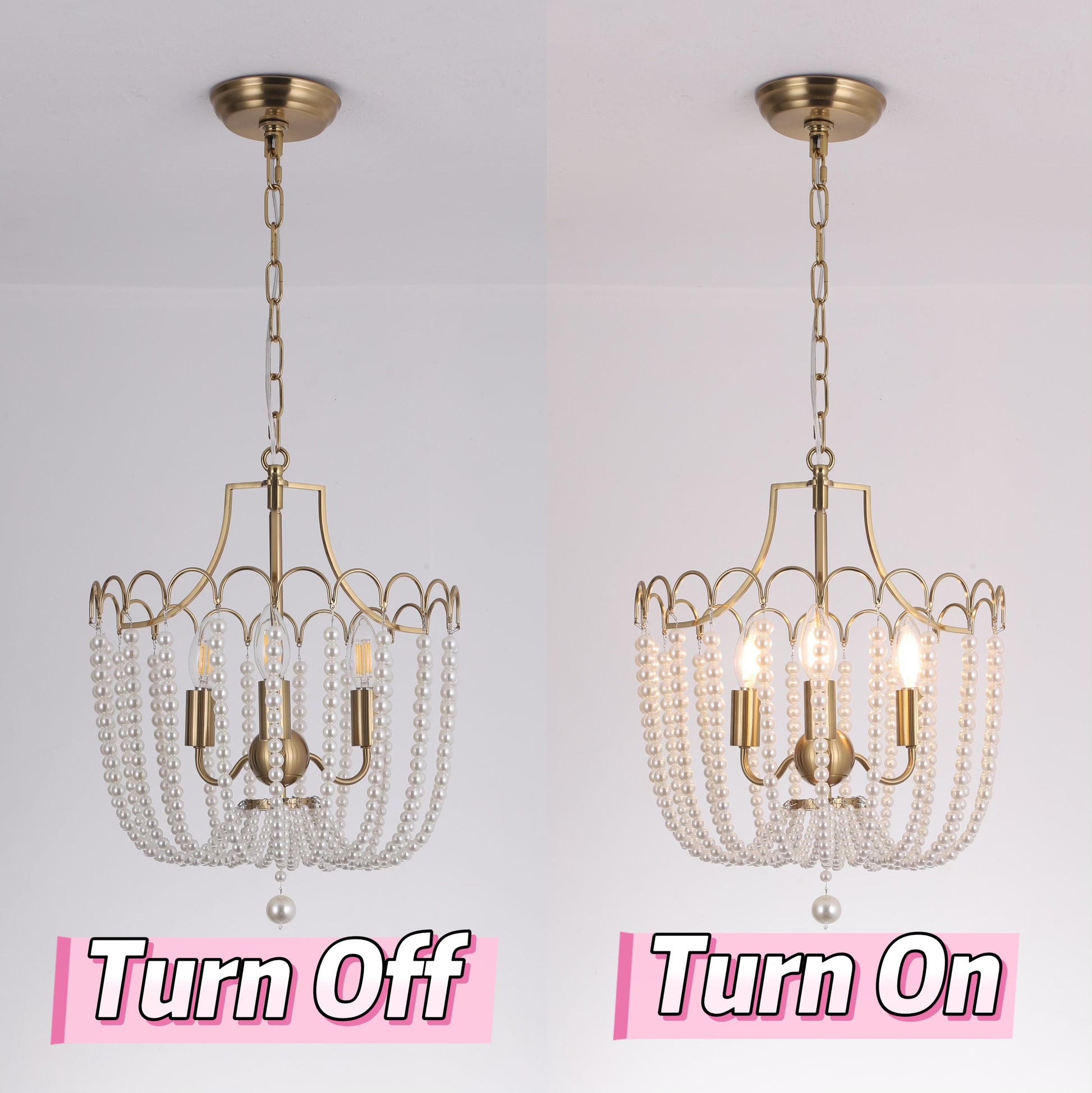 Natural pearl beaded accents on luxury gold chandelier fixture for elegant home lighting
