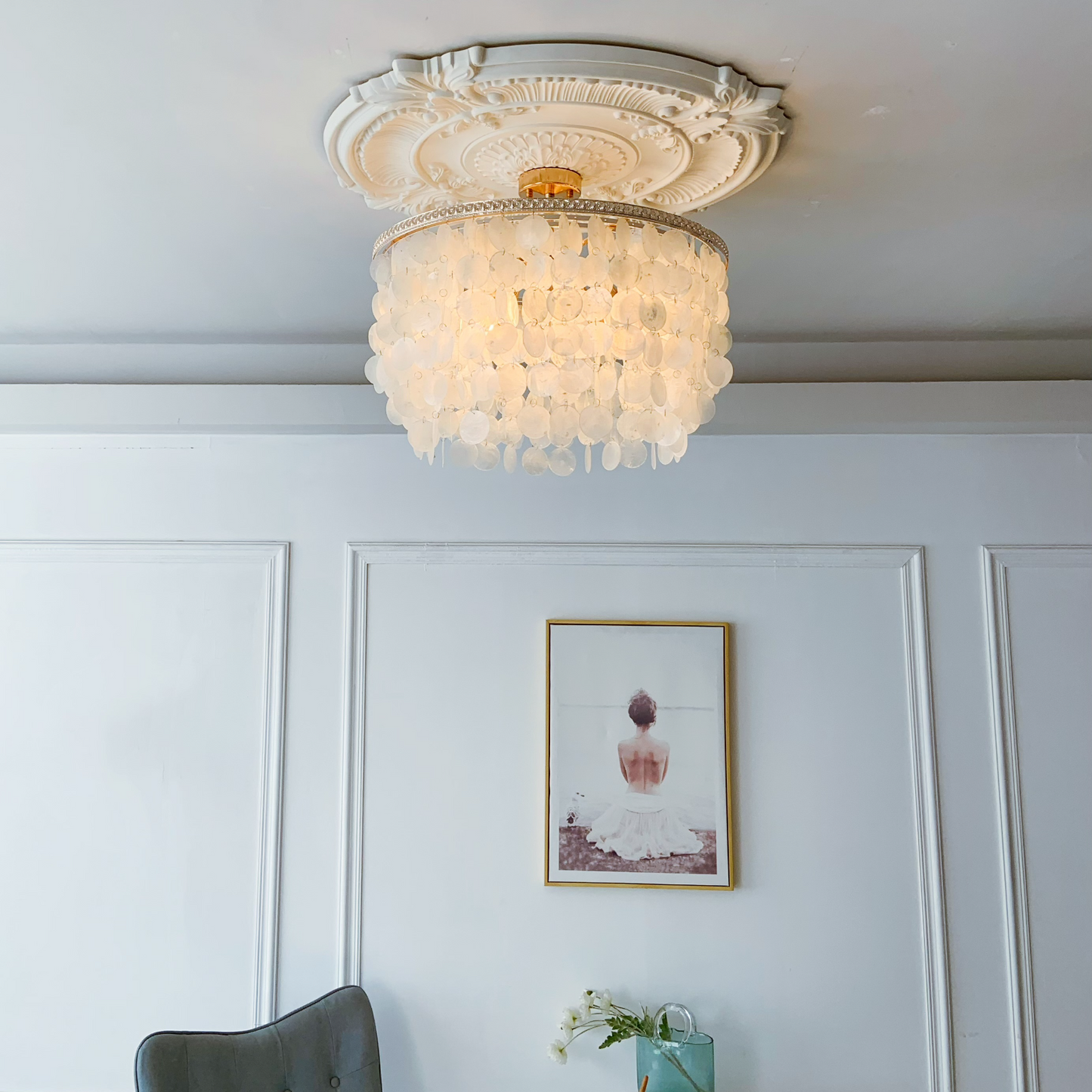 6-Light Blue Shell Chandelier