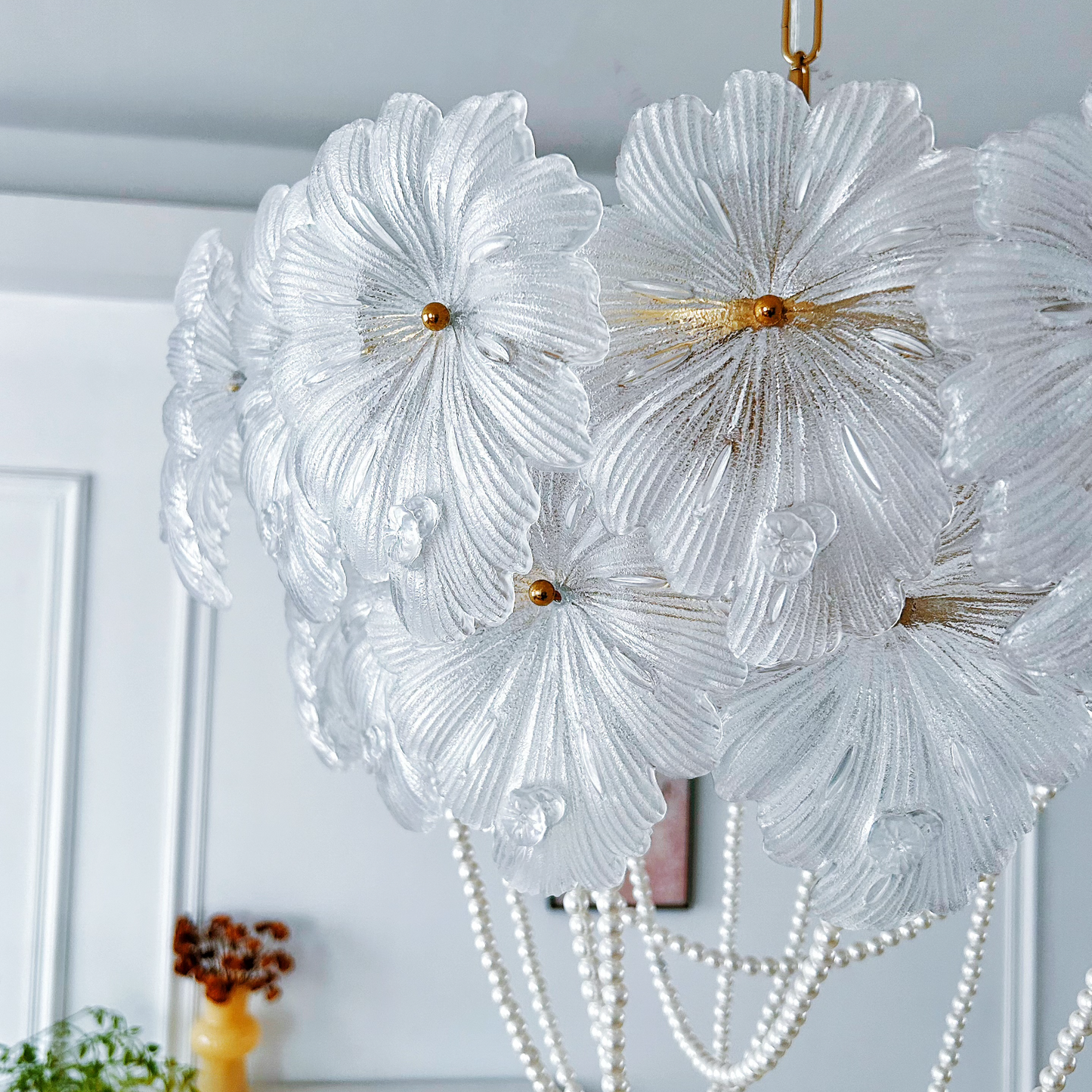 6-Light Glass Chandelier with Pearl