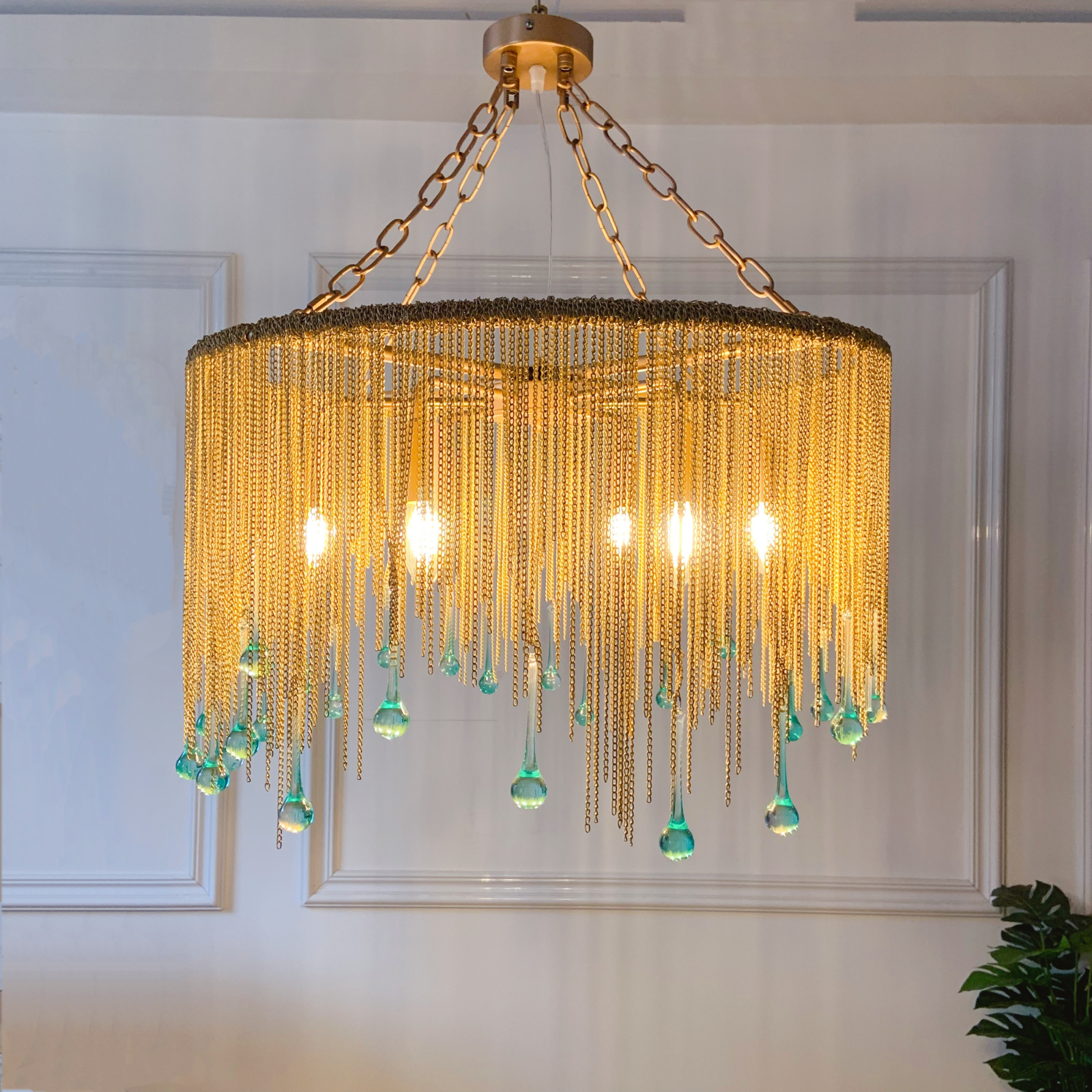 6 light brass chain chandelier with teardrop crystals modern farmhouse dining room light 23.62 inch