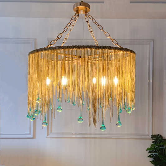 6-Light Brass Chain Chandelier with Teardrop Crystal