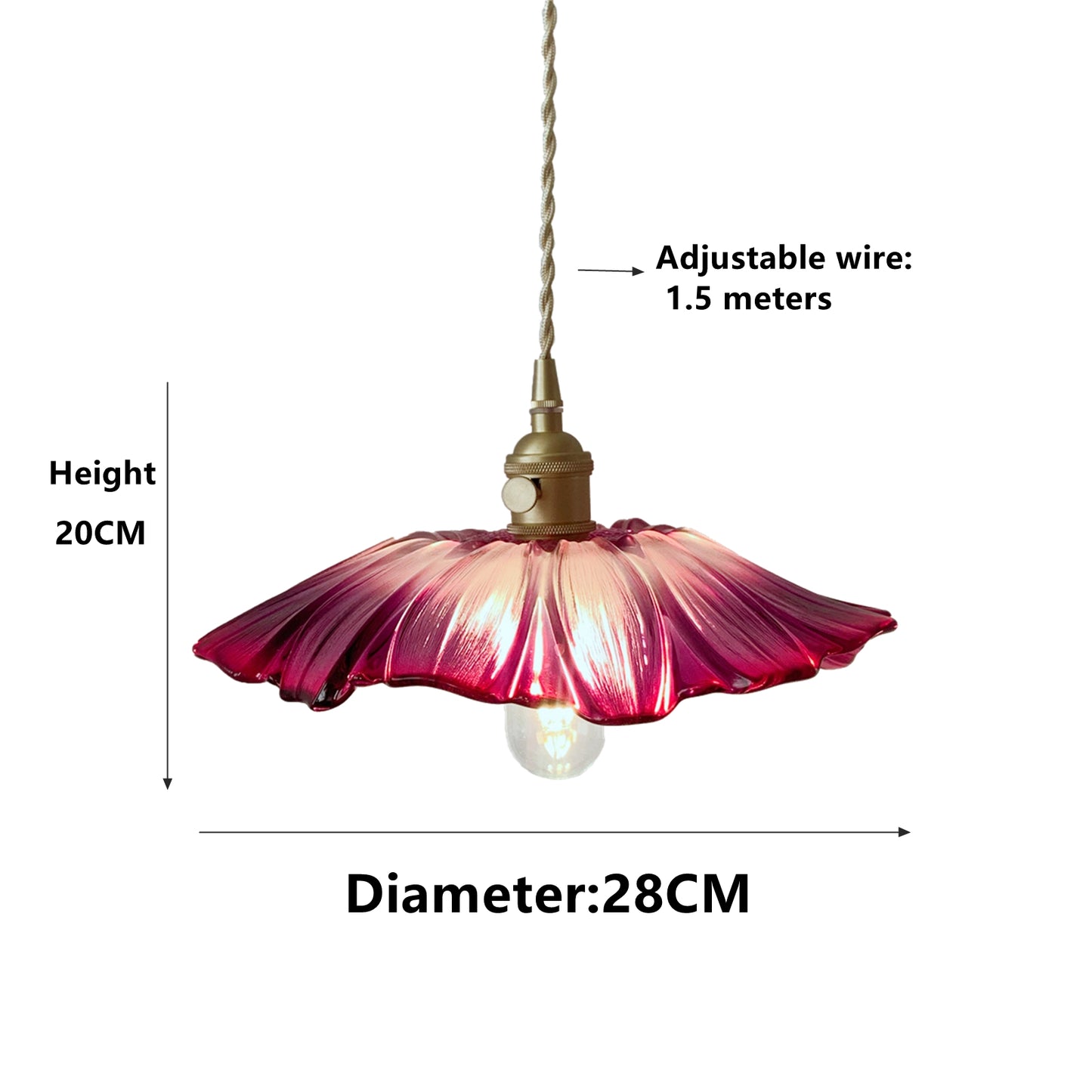 Brass and glass pendant light available in burgundy and clear for dining room entryway