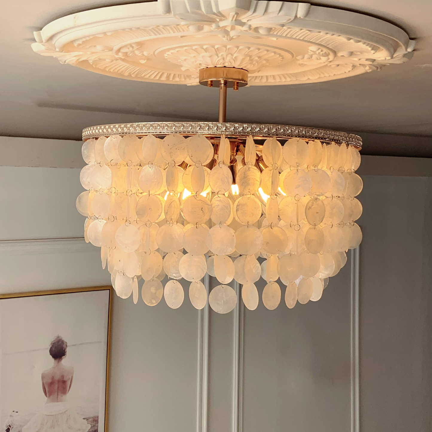 6-Light Blue Shell Chandelier