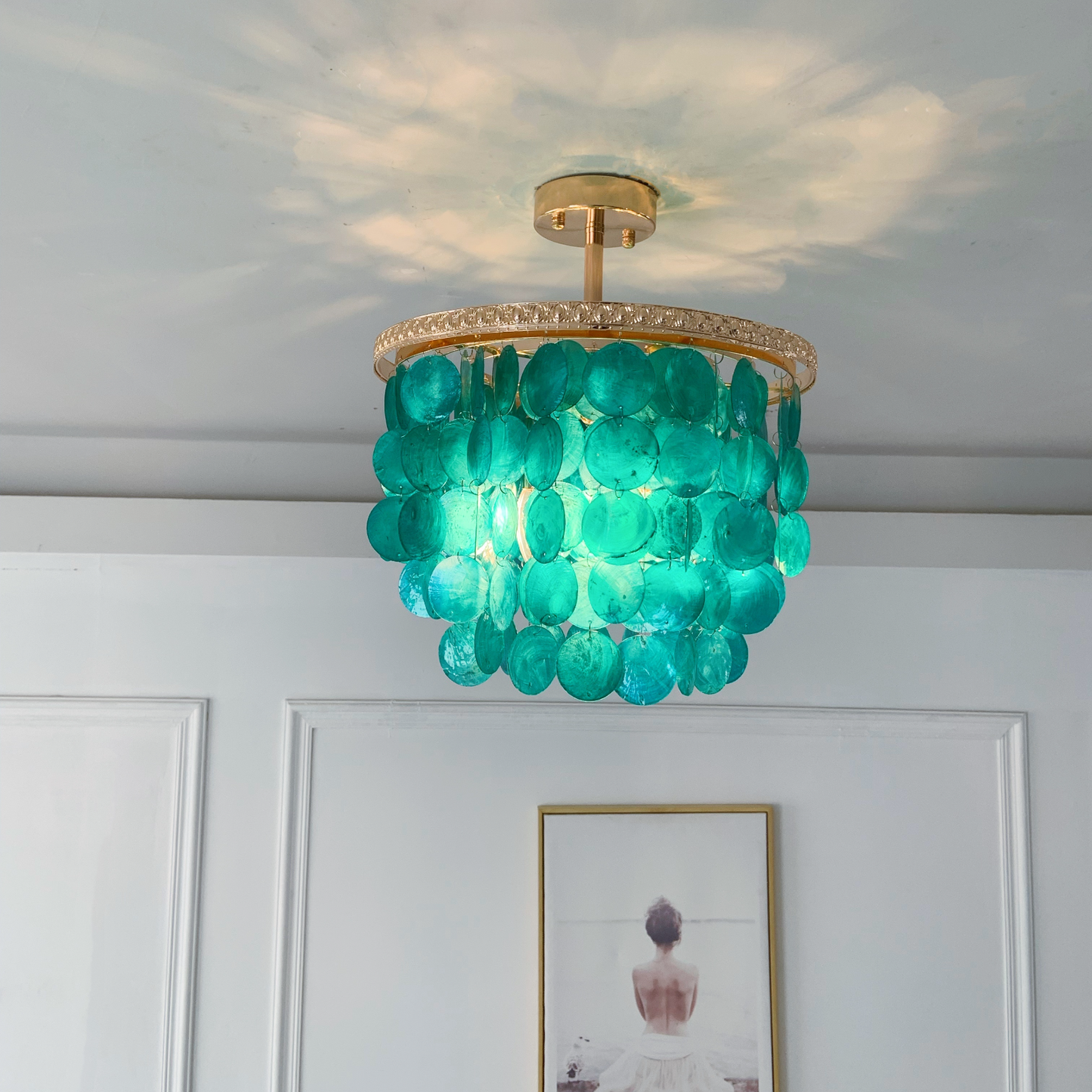 4 light blue shell semi flush mount chandelier coastal bedroom ceiling light 13.78 inch