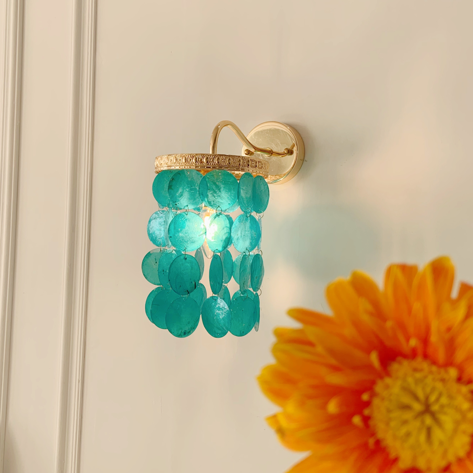 Blue shell wall sconce coastal capiz bathroom bedroom wall light 7.1 inch French gold finish