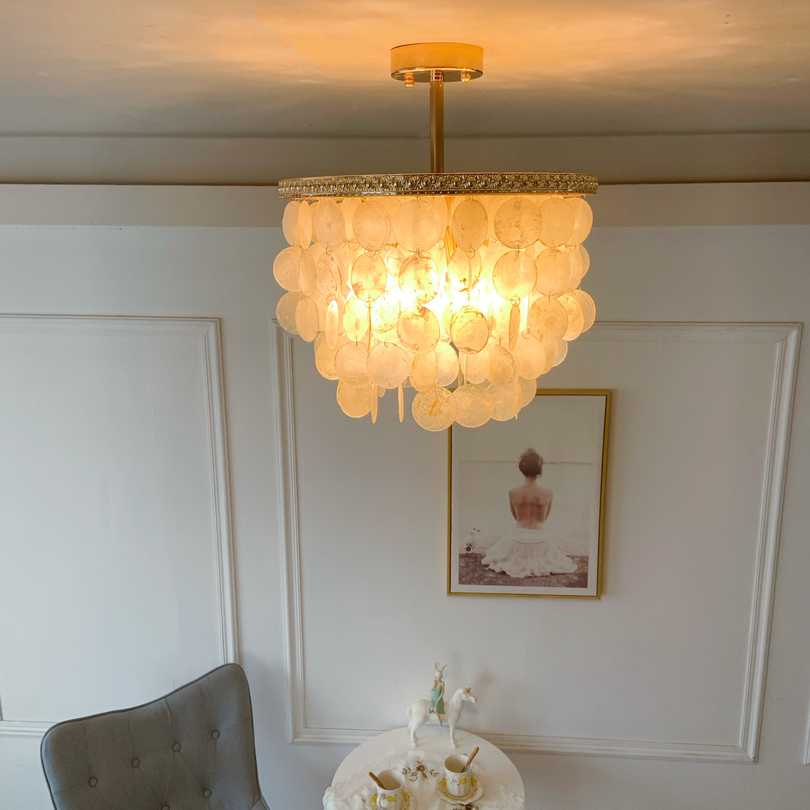 Low profile shell ceiling light perfect for hallway and small dining room 8-9 ft ceilings