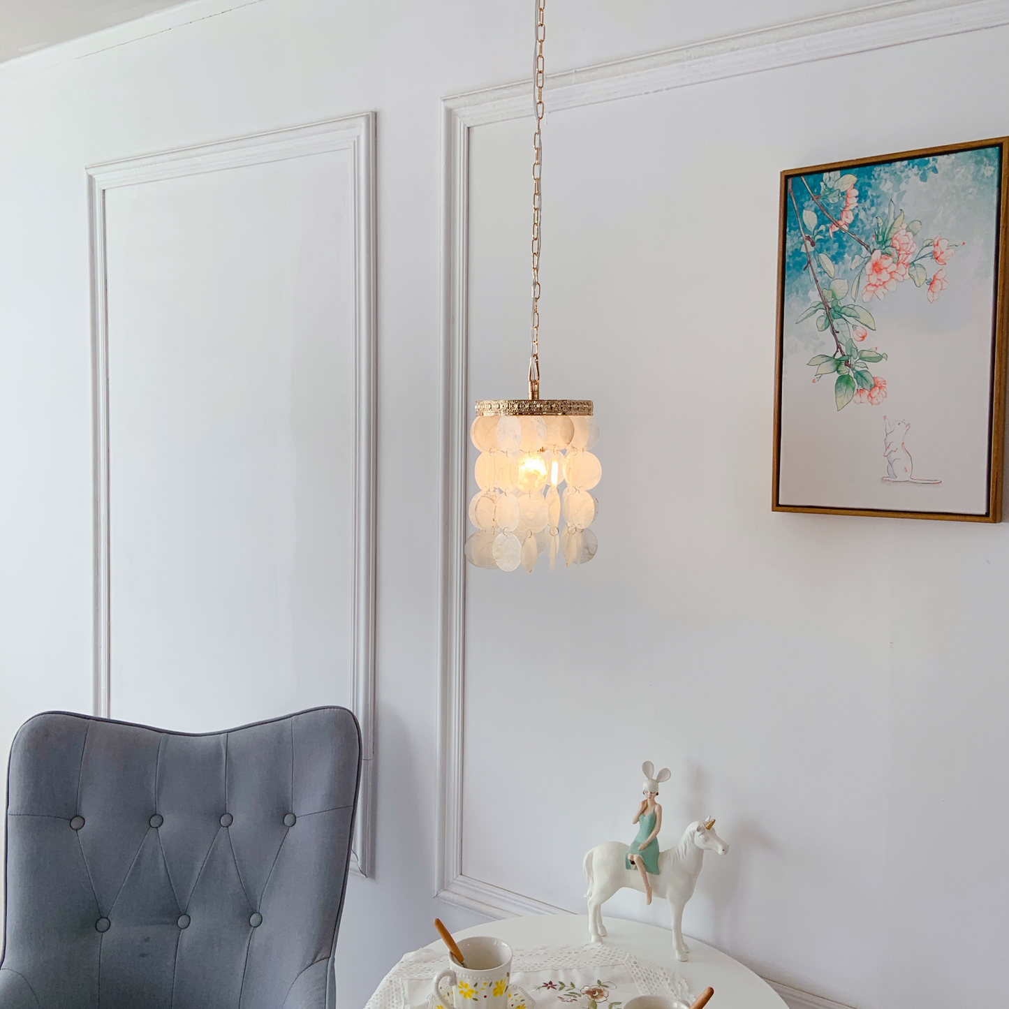 Small shell pendant 8.66 inch ideal for hanging in multiples over kitchen island and cafe counter