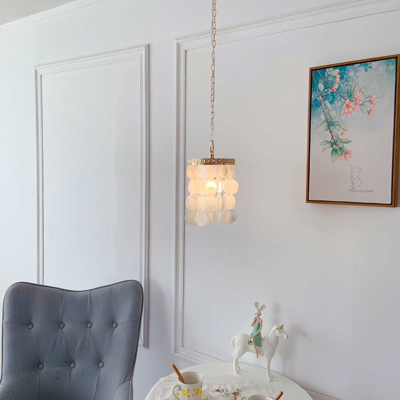 Small shell pendant 8.66 inch ideal for hanging in multiples over kitchen island and cafe counter