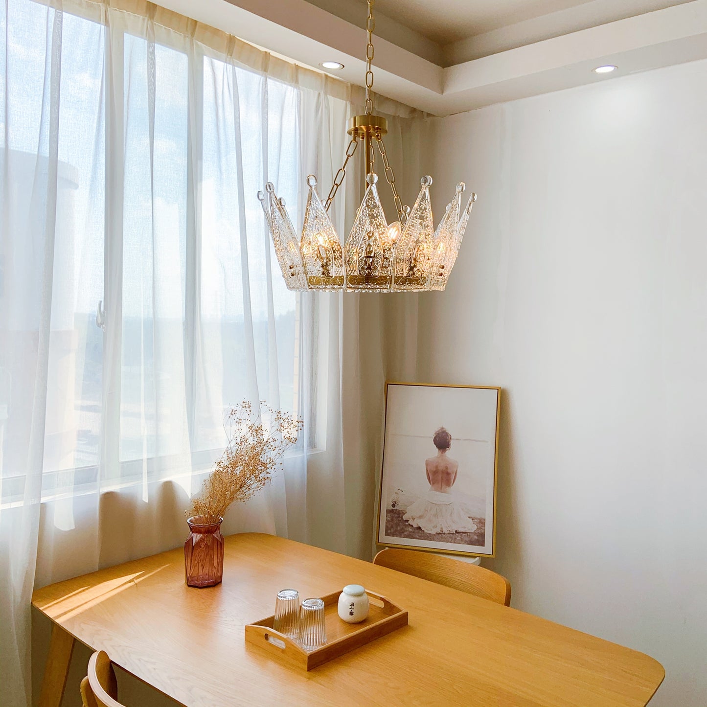 Short Crown Chandelier 6-Light Above Dining Table - Low Ceiling Brass Pendant Lighting Breakfast Nook